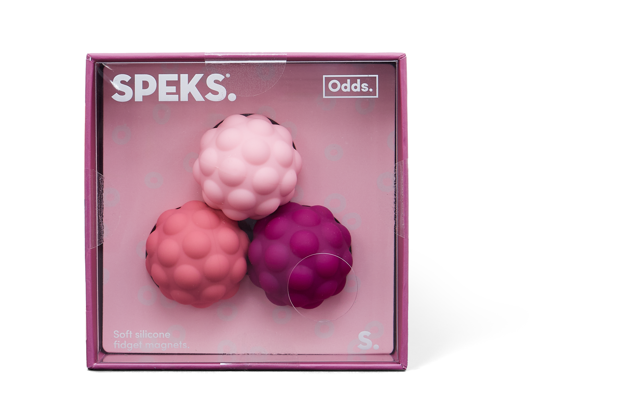 Set of three pink and purple bumpy silicone fidget magnets in packaging with pink and purple design.