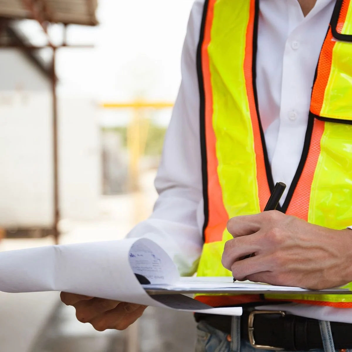A person wearing a yellow safety vest over a white shirt, holding blueprints or plans, and writing on a notepad during a construction site overview.