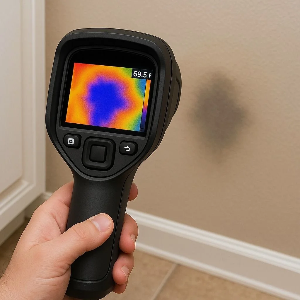 Thermal imaging camera displaying a colorful heat map with a temperature reading of 69.5°F.