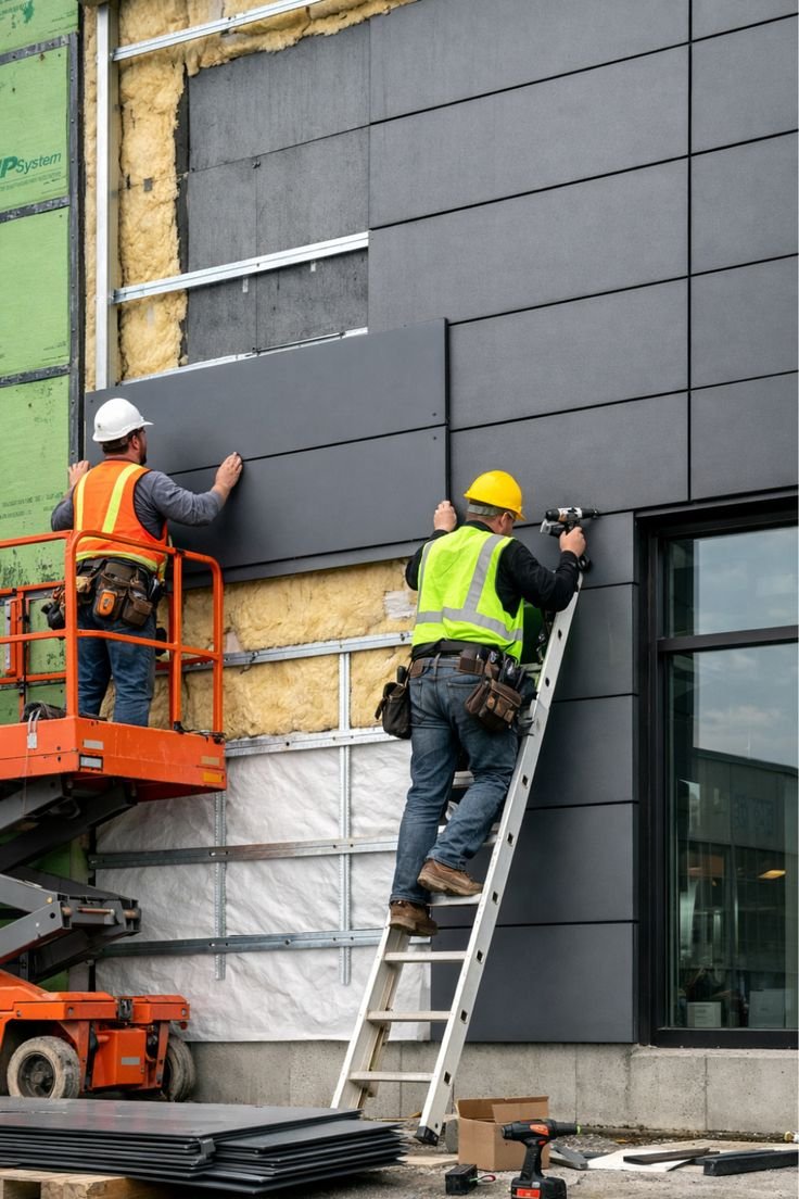 Two construction workers installing black exterior wall panels on a building. One worker stands on a lift platform, the other on a ladder, both wearing safety vests and helmets.