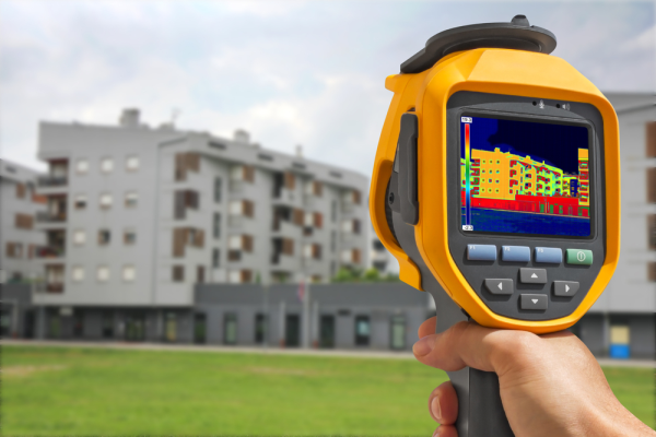 A person holding a thermal imaging camera pointed at a residential building.
