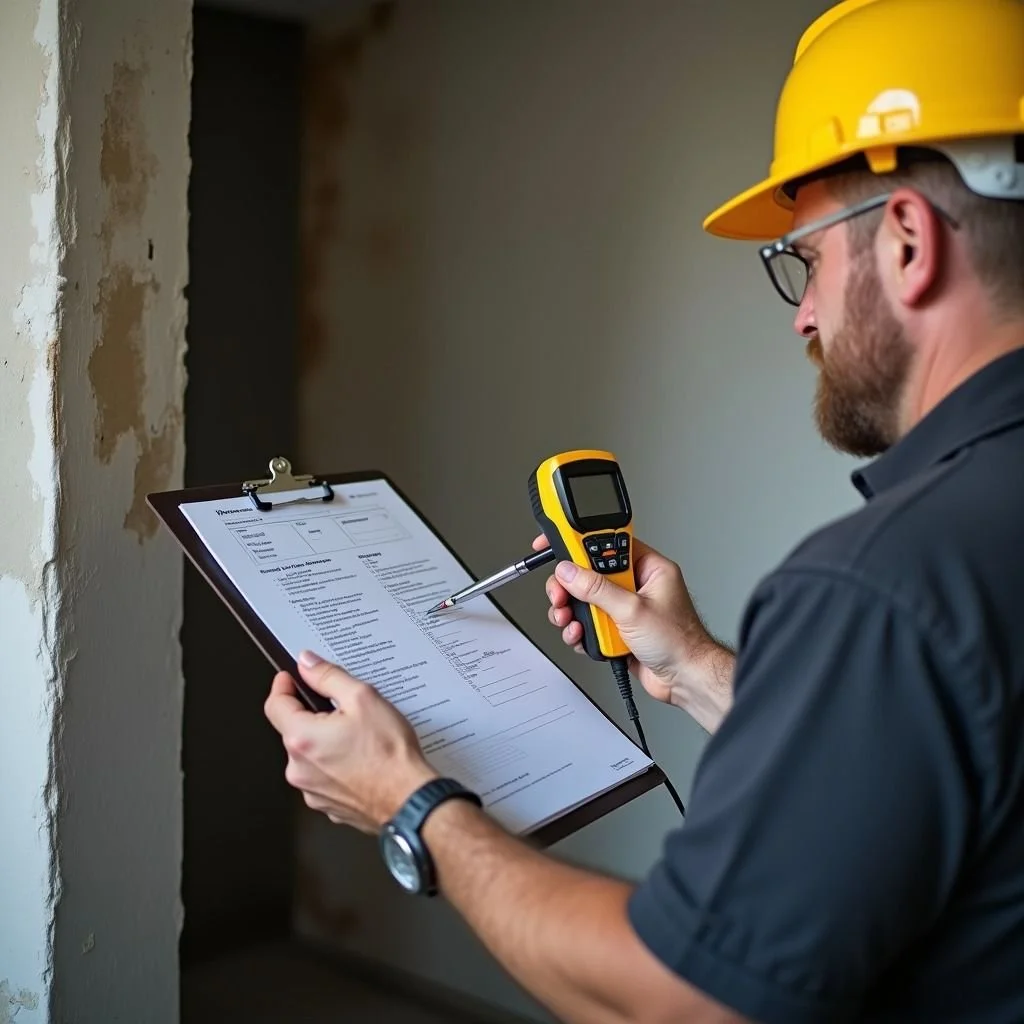 A construction worker wearing a yellow safety helmet and glasses examining a clipboard with a checklist or form, holding a laser distance meter in his right hand inside a building under renovation.
