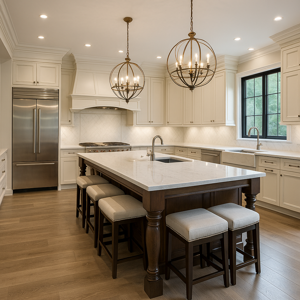 Modern kitchen with white cabinets, stainless steel refrigerator, large white island with dark wood base, beige cushioned stools, two spherical chandeliers, wood floors, and a window with greenery outside.
