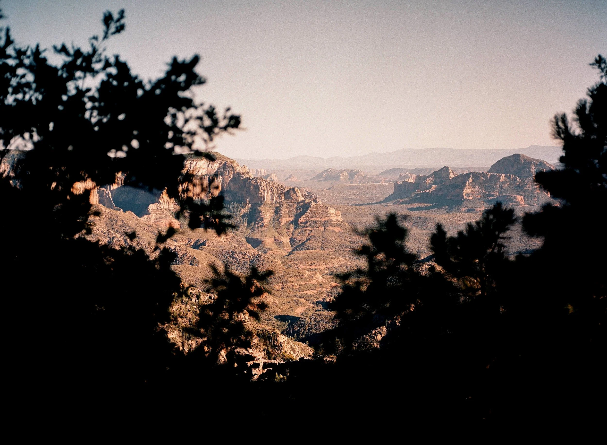 Mountain landscape with rocky formations and desert terrain, framed by dark silhouette of tree branches in foreground.
