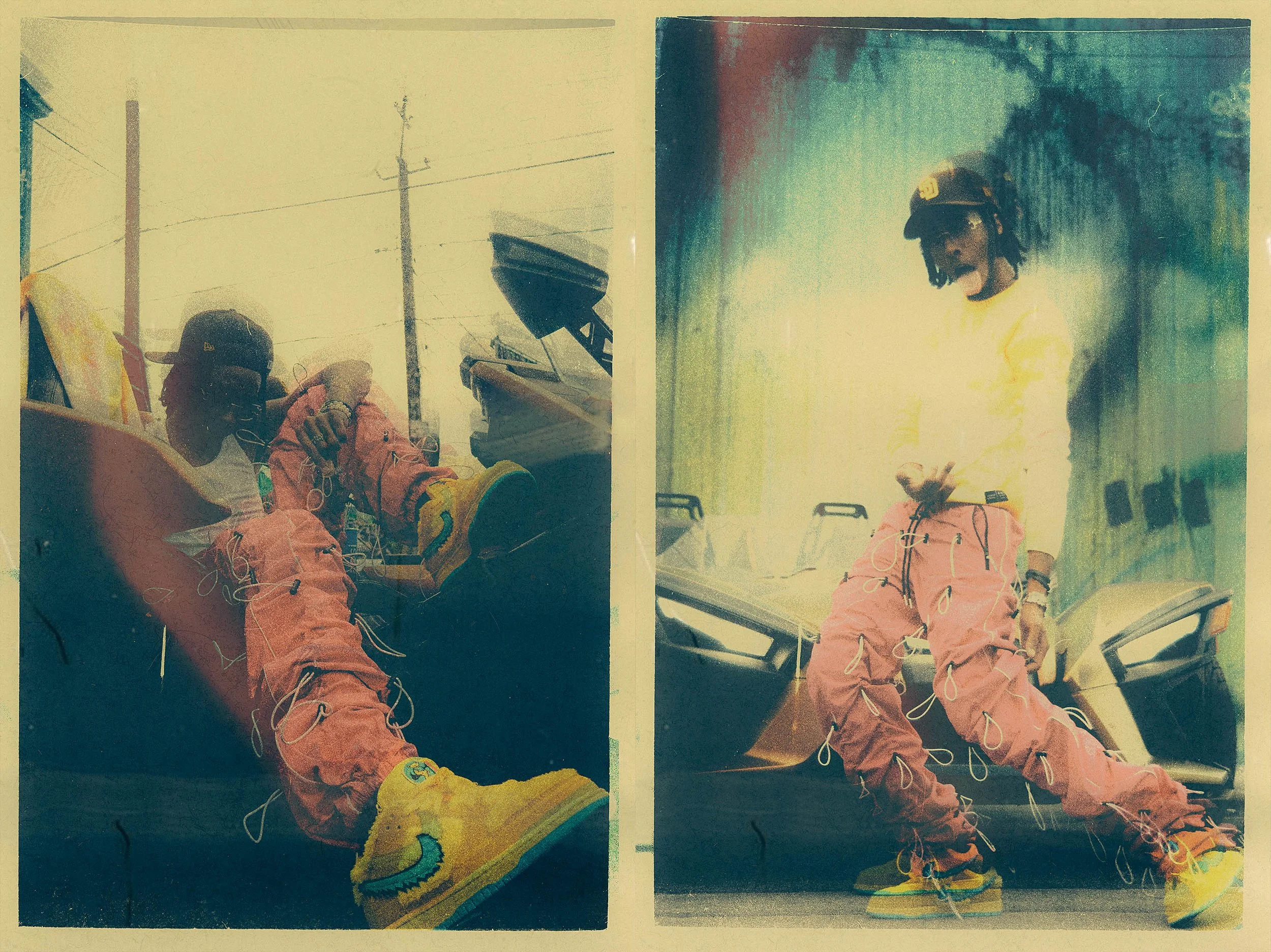 A woman dressed in pink climbing on a boat, split into two images. The left image shows her sitting with her feet on the boat's interior, looking down at her boots, with power lines and poles in the background. The right image shows her standing and gazing downward, with a scenic outdoor background.