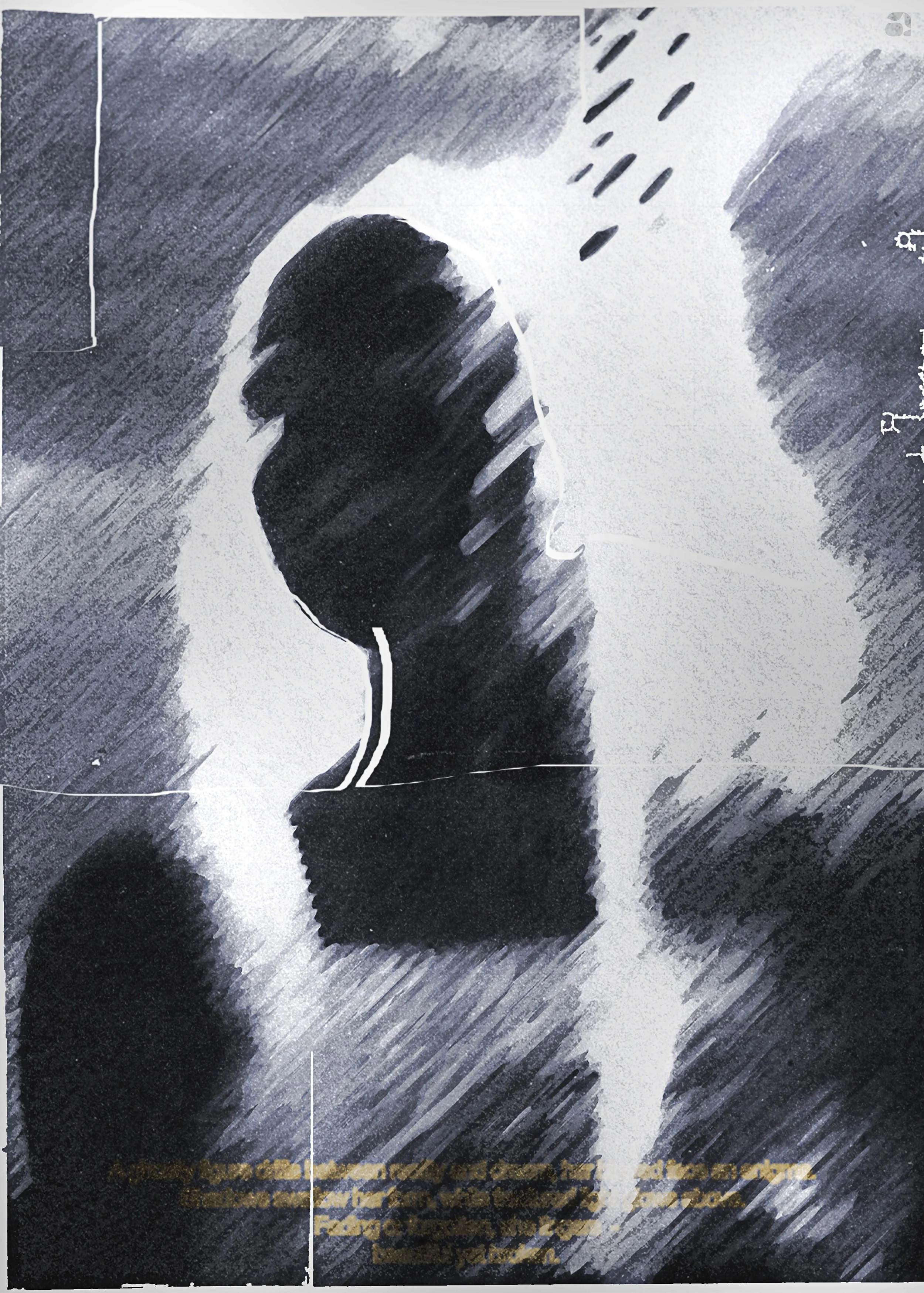A stylized, high-contrast black and white illustration of a person's silhouette in profile, with a hazy background and some indistinct text at the bottom.