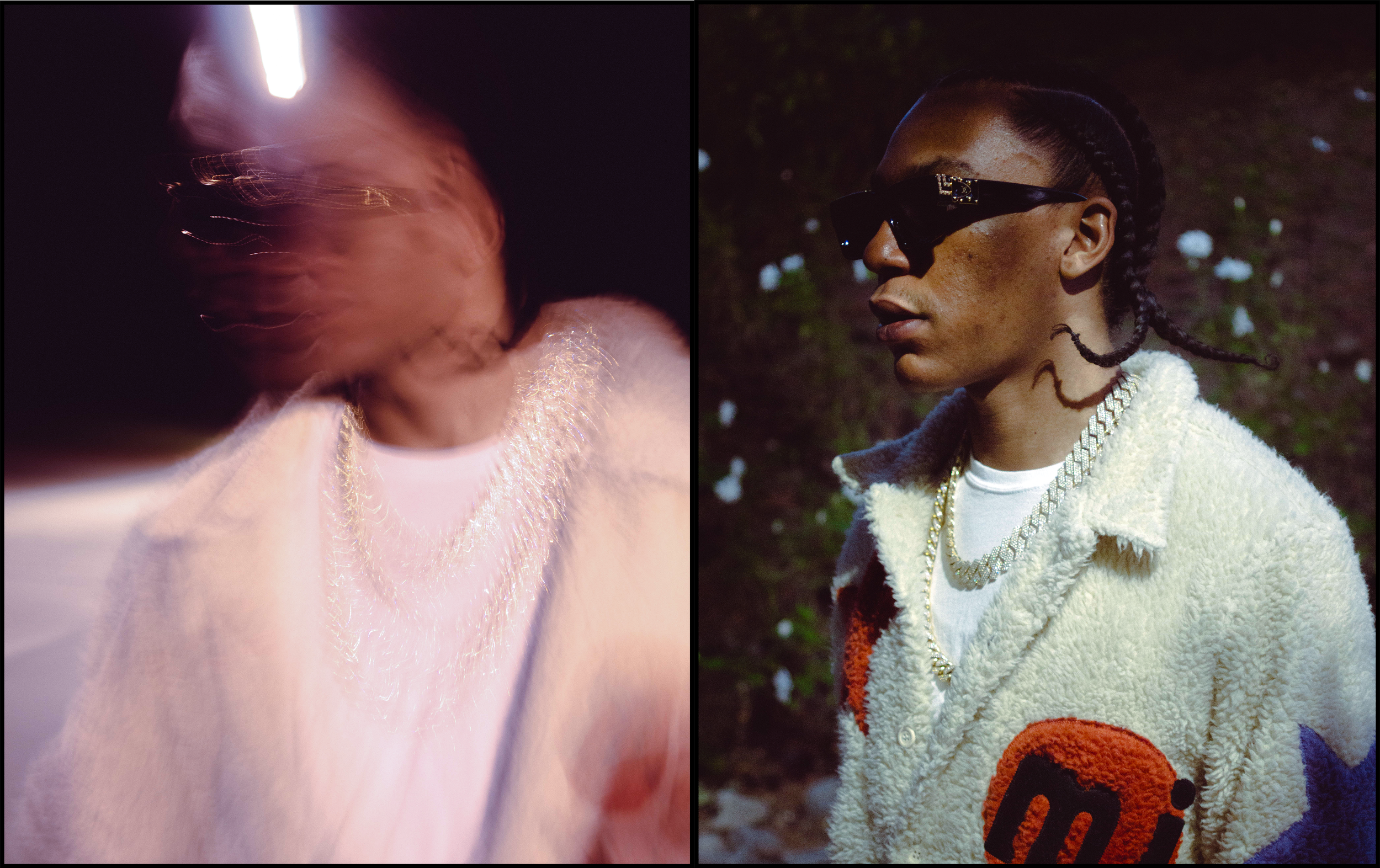 A split image showing two different styles: on the left, a blurred, abstract photo of a person in a fluffy white sweater with iridescent details; on the right, a person in colorful, textured clothing with a teddy bear patch, wearing sunglasses and chains, standing outdoors with his profile in focus.