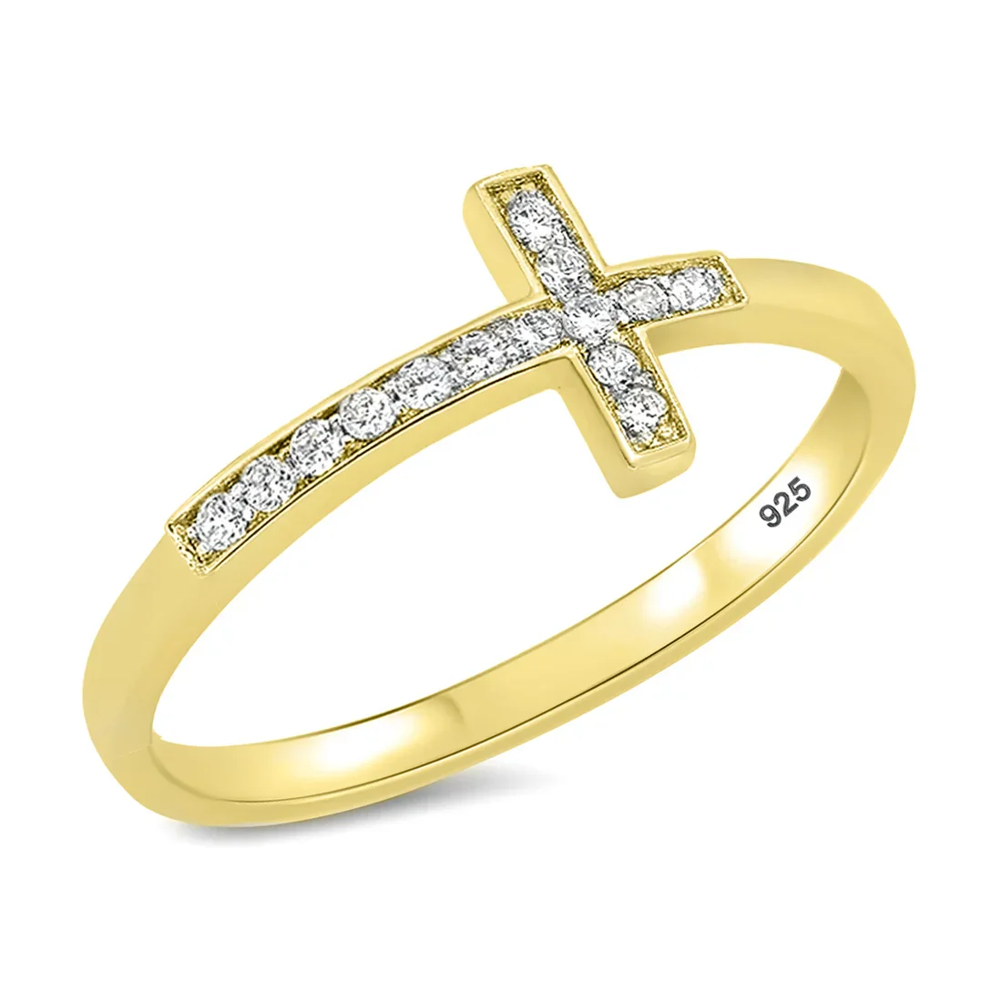 925 Sterling Silver Gold Plated CZ Cross Ring