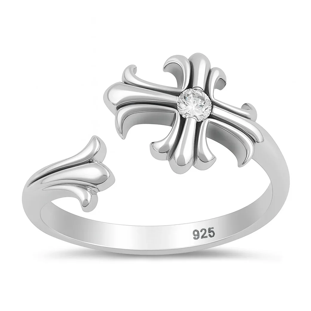 925 Sterling Silver Rhodium Plated 3/4 Iron Cross Ring