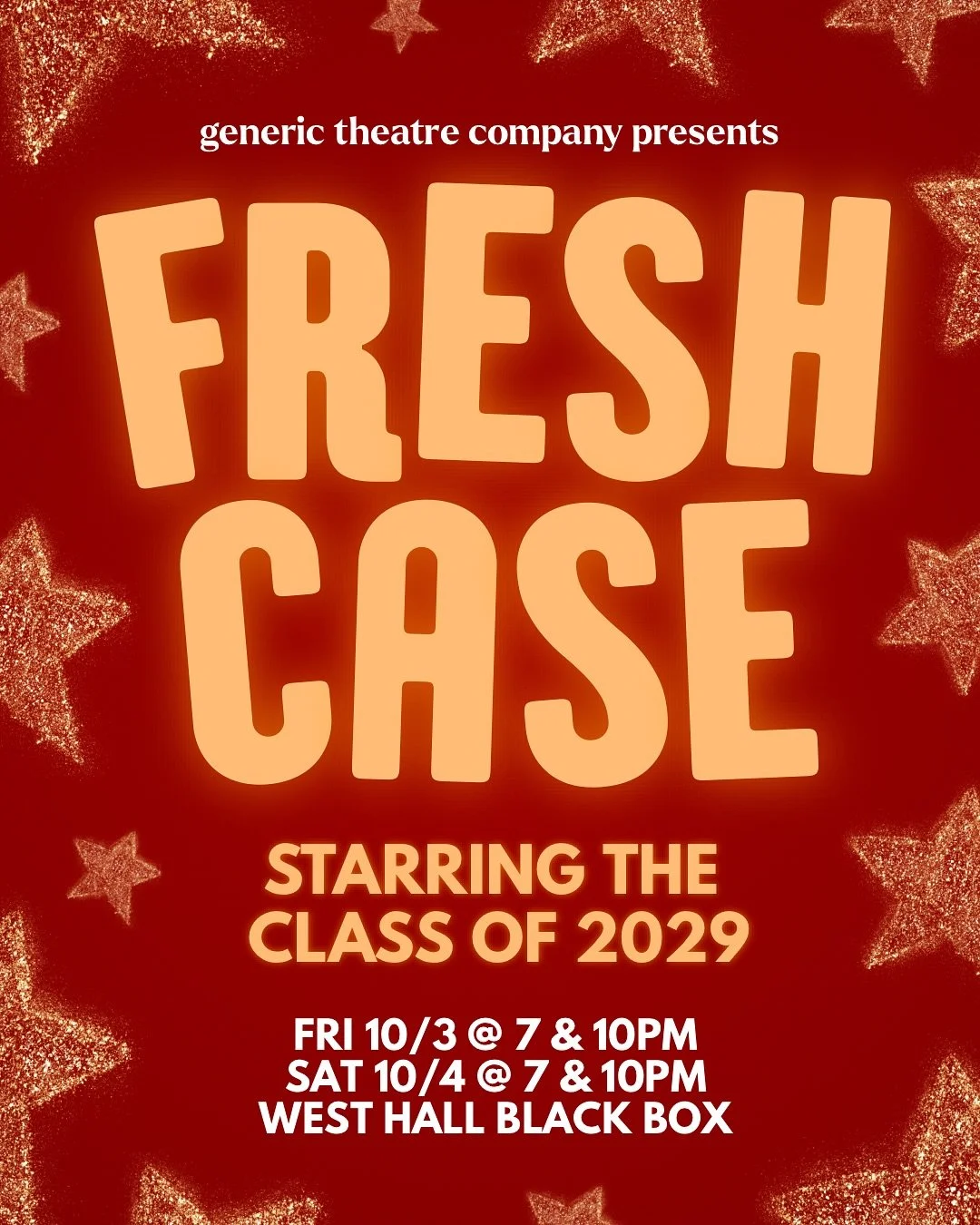FRESHCASE 2025 IS FINALLY HERE BABY!!! Our biggest and most exciting awesome event of the year 😋💖😄🎶 This Thursday 10/3 and Friday 10/4 at 7 and 10pm in the West Hall Black Box! Keep an eye out for presale tickets dropping this week, but door tick