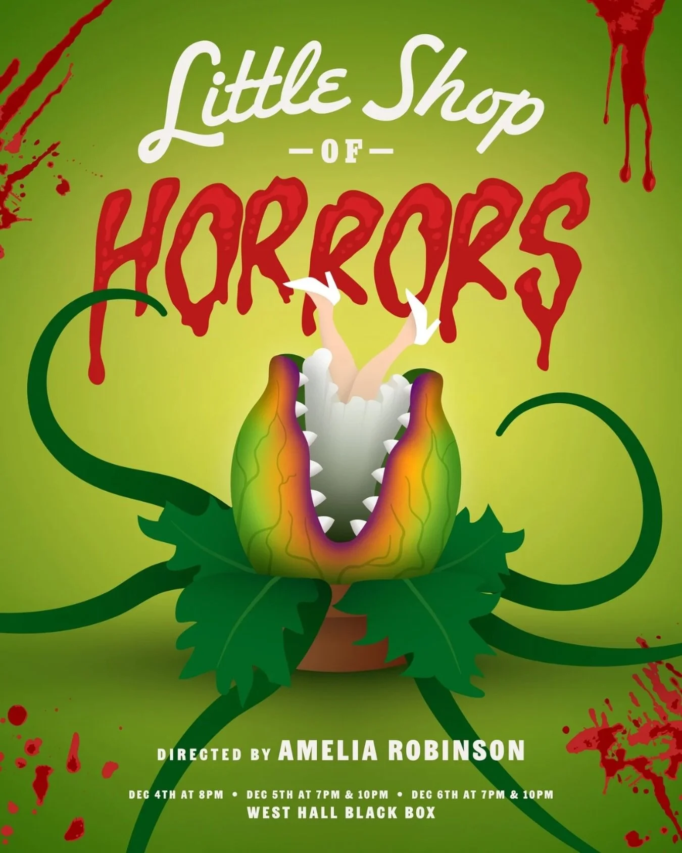 Everybody better beware‼️ Little Shop of Horrors🩸🌱 directed by @amelia_robins0n is coming to the West Hall Black Box this weekend. This classic musical follows a meek flower shop assistant in the pursuit of his co-worker crush, and the dangerous, d