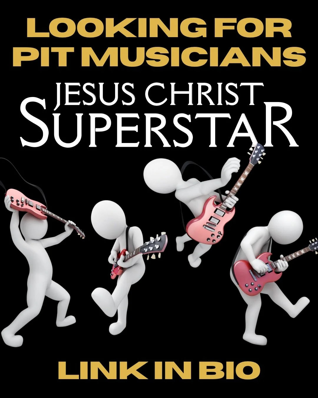 We need talented pit musicians for the iconic 70s rock opera Jesus Christ Superstar!!🎹🎸🎺🥁🪈 Do you play piccolo, flute, clarinet, or tenor saxophone? Horn? Trumpet? Keyboard or piano? Percussion like timpani, marimba, or xylophone? Guitar? Electr