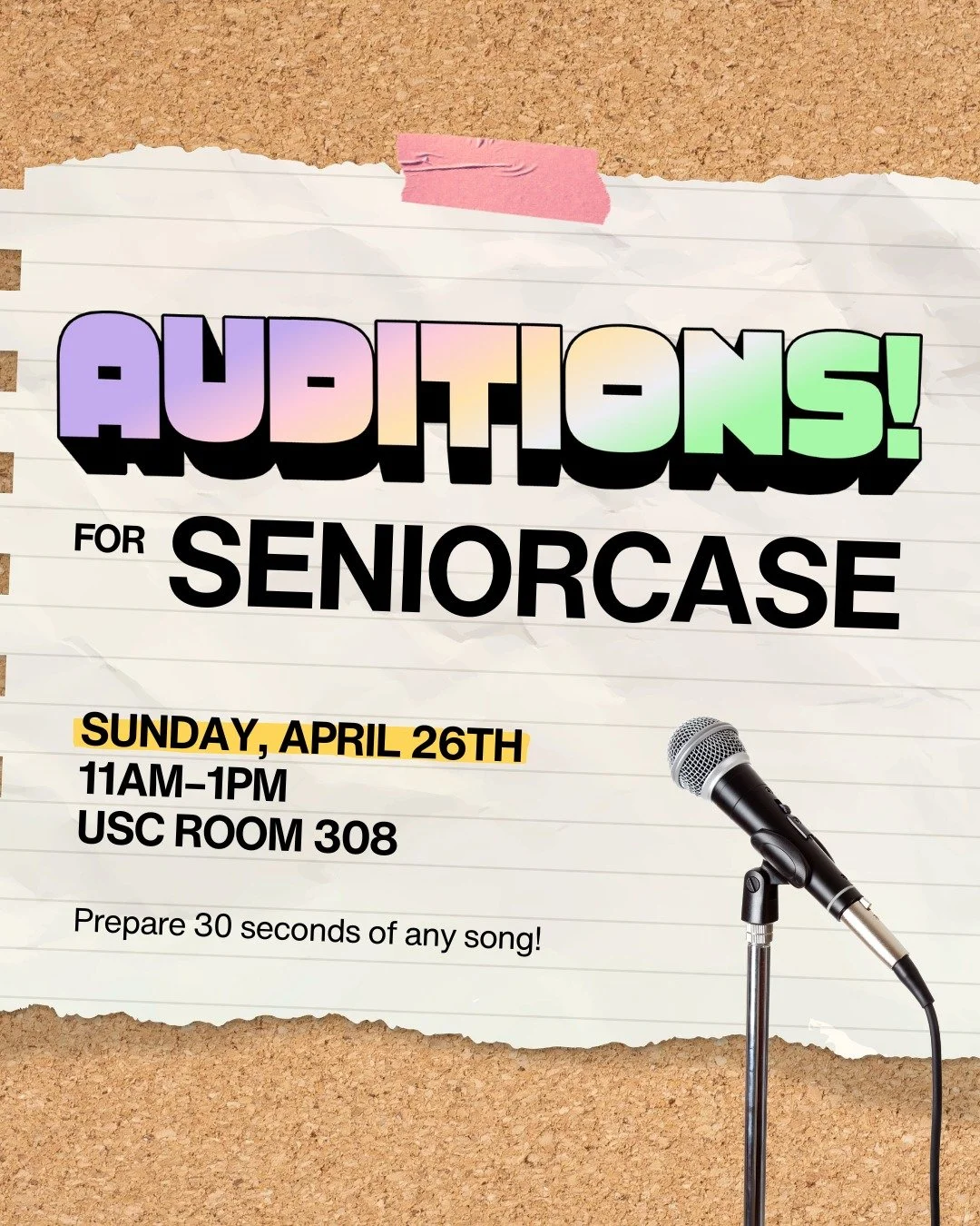 Are you a graduating senior? Want to grace the Black Box stage one last time?

AUDITIONS for the Class of 2026 SENIORCASE are this Sunday, April 26th from 11am-1pm in the USC Room 308 🎉 Prepare 30 seconds of any song‼️🧑&zwj;🎓

This year's INSANE l