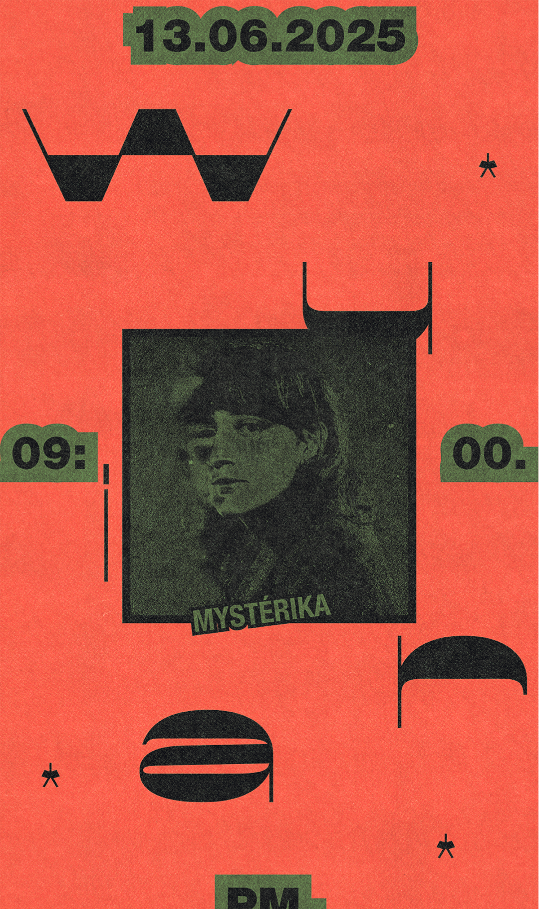 A graphic poster with a red background, featuring black and green text and graphics, including the date 13.06.2025, and an image of a woman labeled 'Mystérika'.