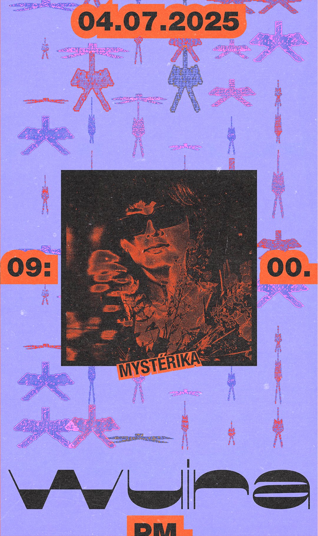 A promotional poster for Mysterika featuring a person with sunglasses, surrounded by stylized illustrations of helicopters, with the date 04.07.2025 at the top, and the words WUIRA and PM at the bottom.