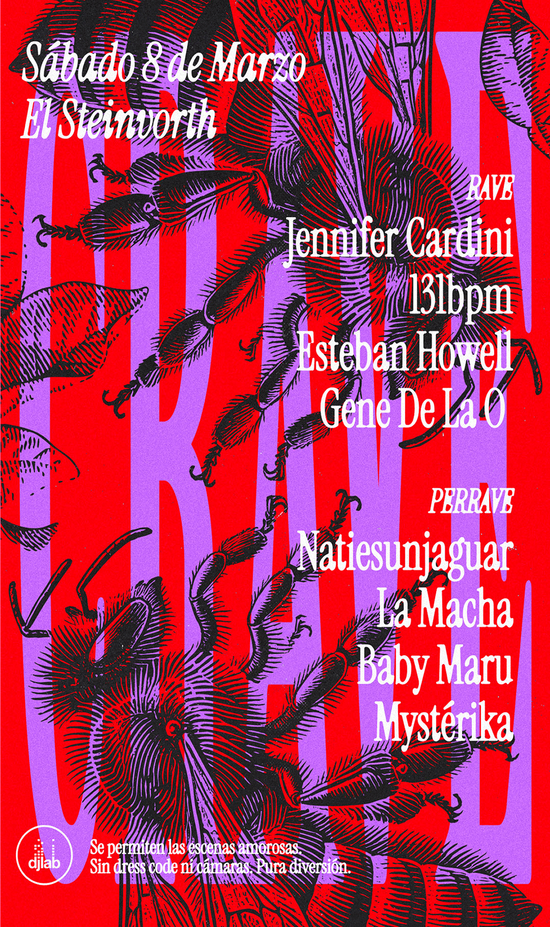A poster featuring black series of insects on a colorful background with red and purple stripes and designs, promoting a live music event on Saturday, March 8. The text lists performers including Jennifer Cardini, Esteban Howell, Gene De La O, Naties