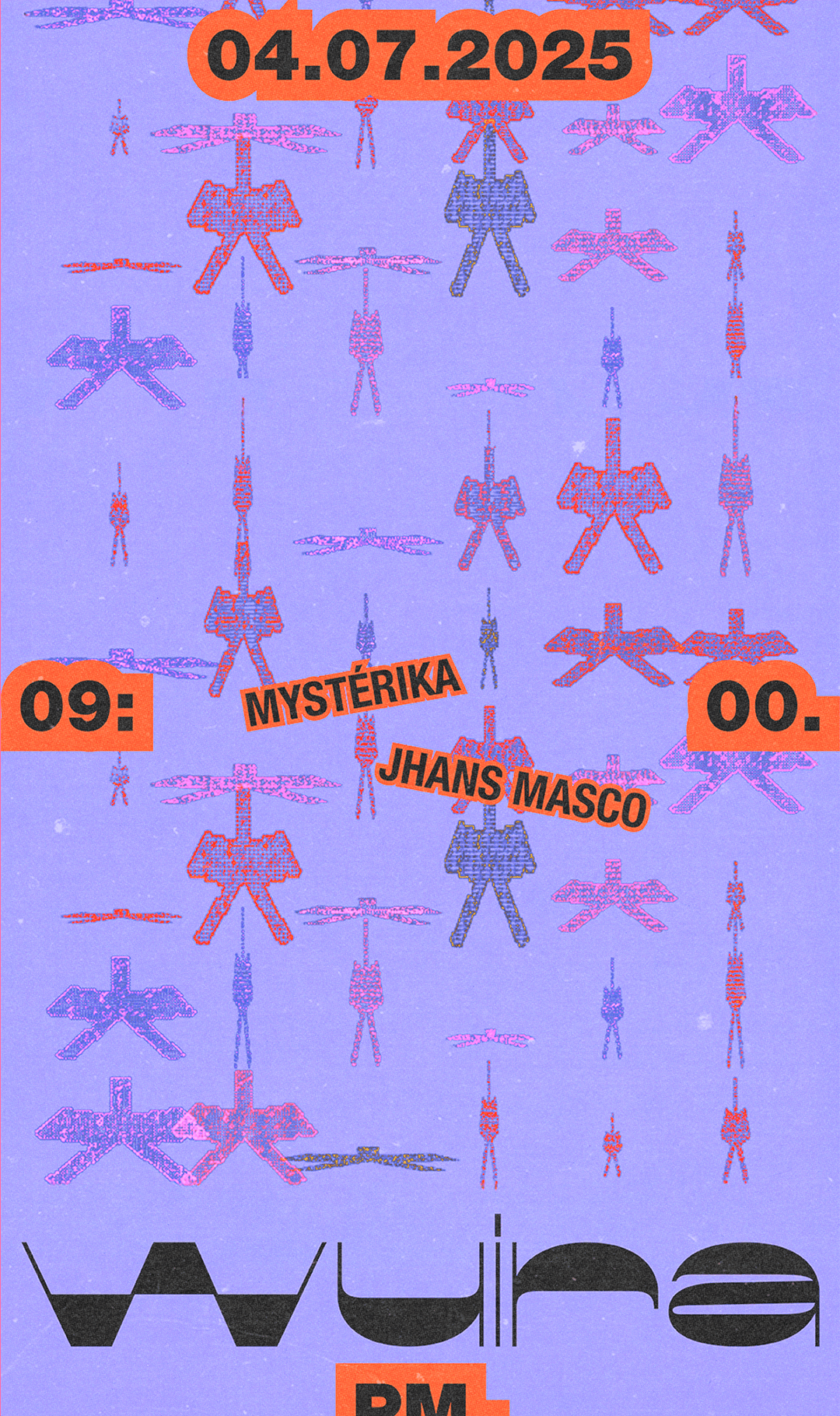Event poster with a purple background featuring pixel-style drone illustrations in pink and blue, displaying the date "04.07.2025" in large black letters on an orange label at the top, and the names "Mystérika" and "Jhans Masco" in black text on an o