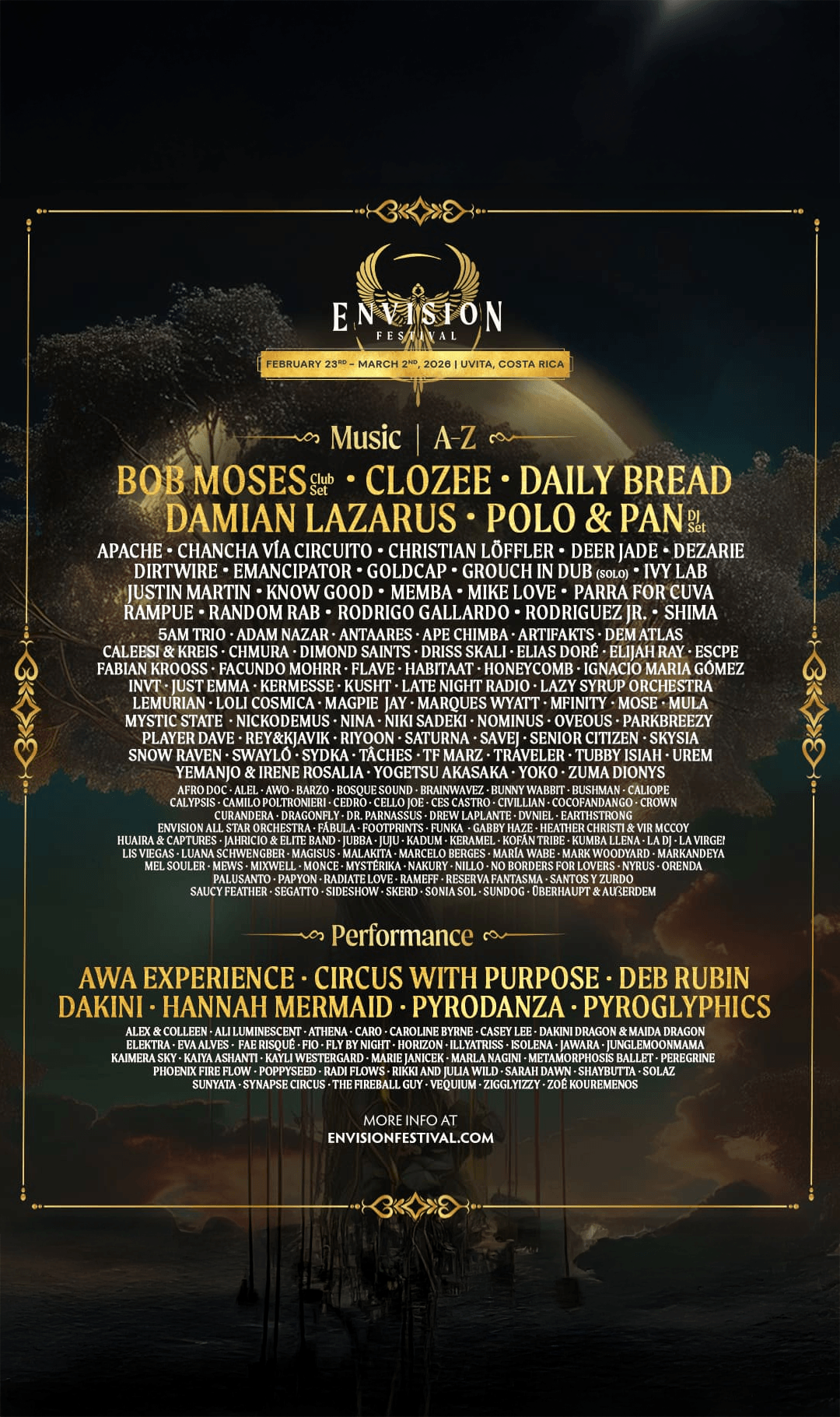 Event poster for Envision Festival 2026 in Uvita, Costa Rica, February 23 to March 2. The poster lists music, DJ, and performance lineups, and includes decorative gold accents and a silhouette of a ship at sea.