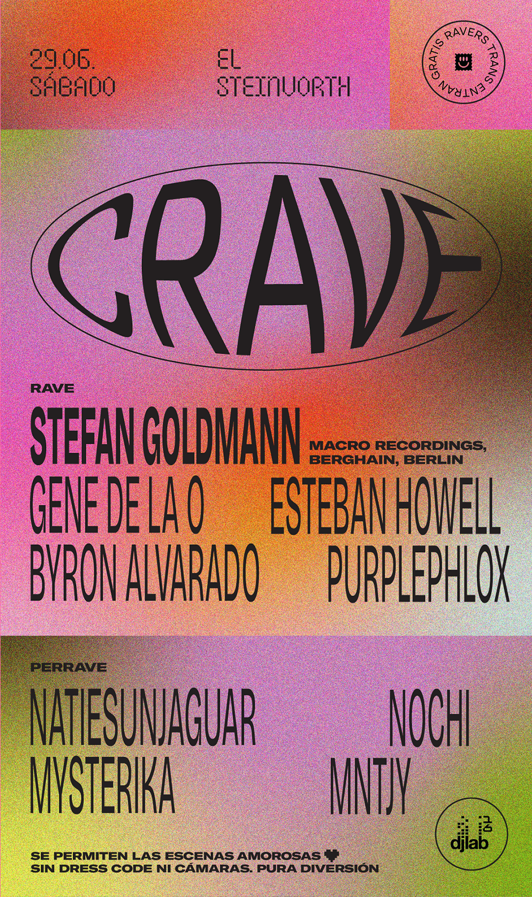 Colorful event poster with the word 'CRAVE' in large font in the center, featuring names of performers and event details in various fonts and sizes.