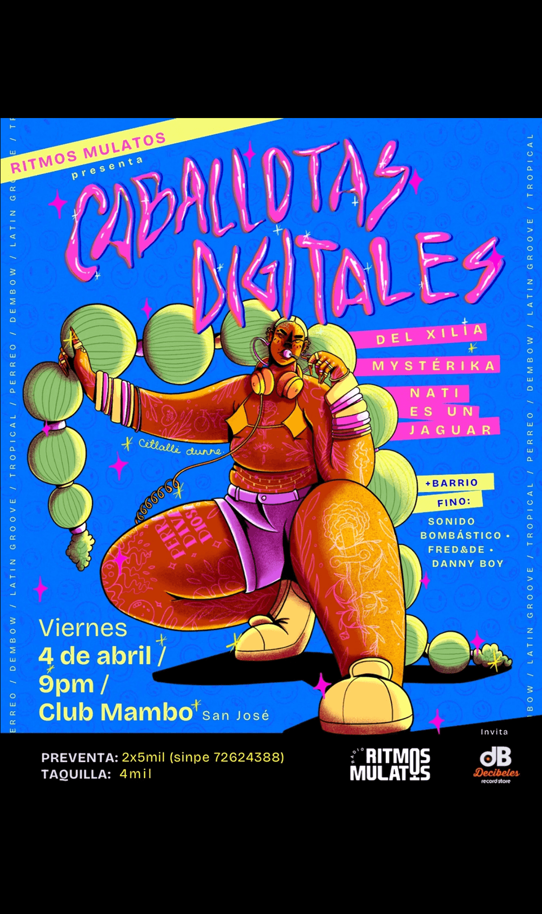 A colorful poster advertising a digital Caballotas event featuring a woman with tattoos, wearing shorts and headphones, surrounded by green balloons and neon pink text for an event on April 4th at Club Mambo in San José. Organized by Ritmos Mulatos.