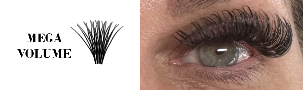 Close-up of a person's eye with brown iris and a mega volume set of eyelash extensions from Lashes by Rae.