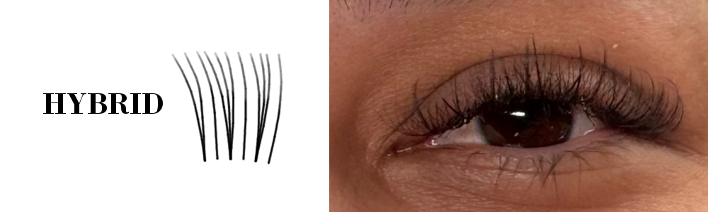 Close-up of a person's eye with dark iris and a hybrid set of eyelash extensions from Lashes by Rae.