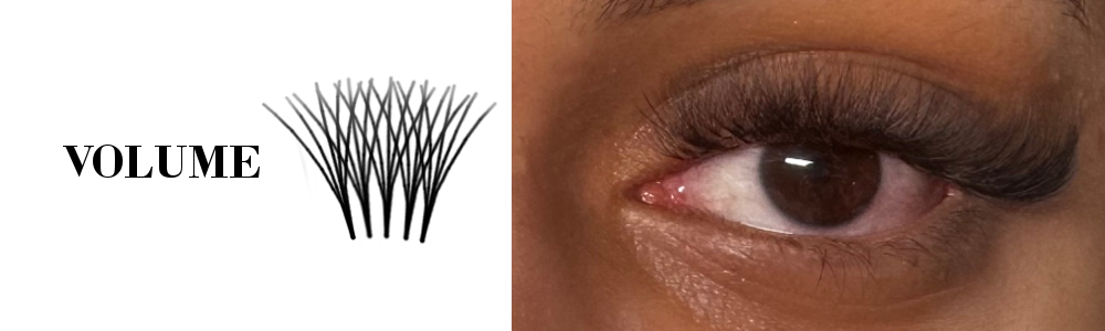 Close-up of a person's eye with brown iris and a volume set of eyelash extensions from Lashes by Rae.