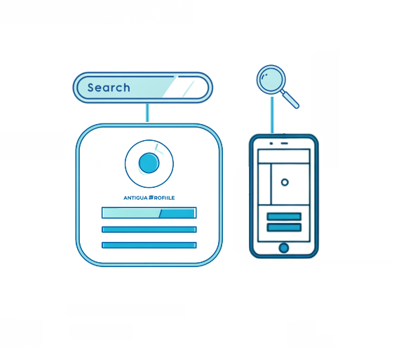 A search bar connected to a website dashboard page and a magnifying glass connected to a mobile application, representing search engine optimization and app store optimization, respectively. All are colored teal blue.