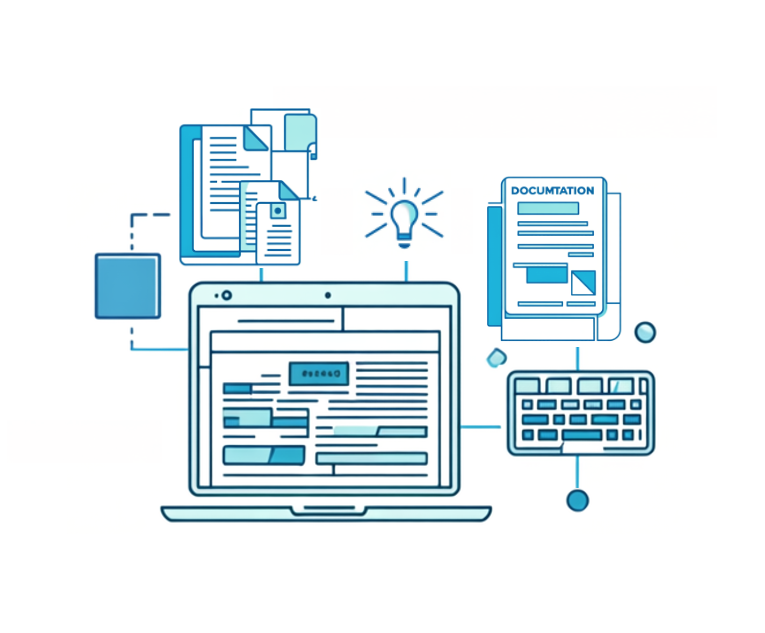An illustration of a computer, keyboard, a lightbulb and various digital documents representing website and application copywriting and design services. All colored teal blue.