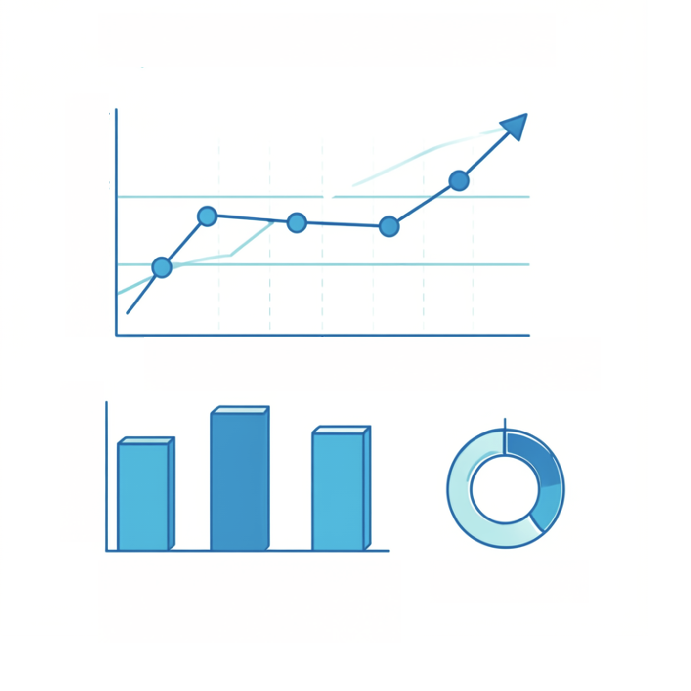 A line chart showing an upward trend, a bar graph with three bars, and a pie chart with three segments, all in shades of teal blue, and each representing product marketing campaign performance visualizations.