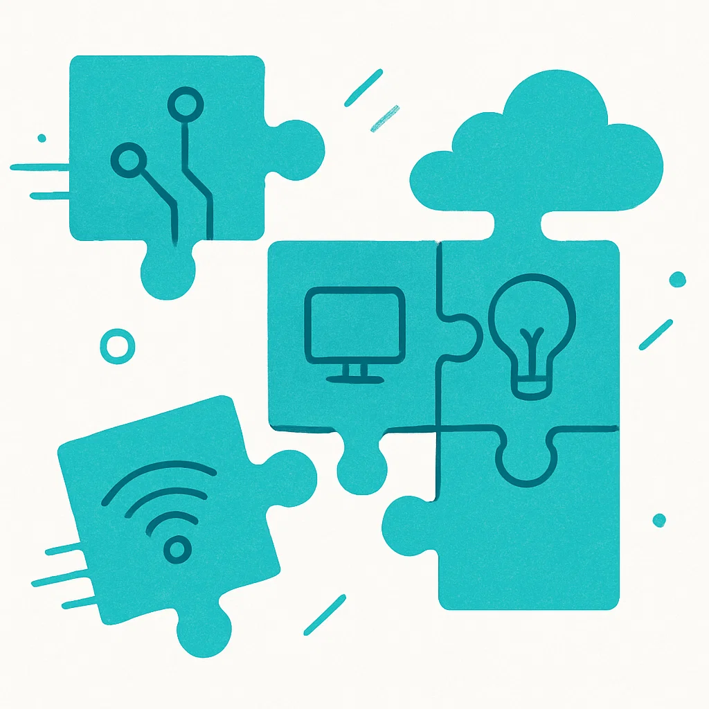 Six teal blue interconnected puzzle pieces with icons representing product ideation across enterprise networking, cloud computing and other industries; the icons include a lightbulb, computer monitor, Wi-Fi signal and circuit board.