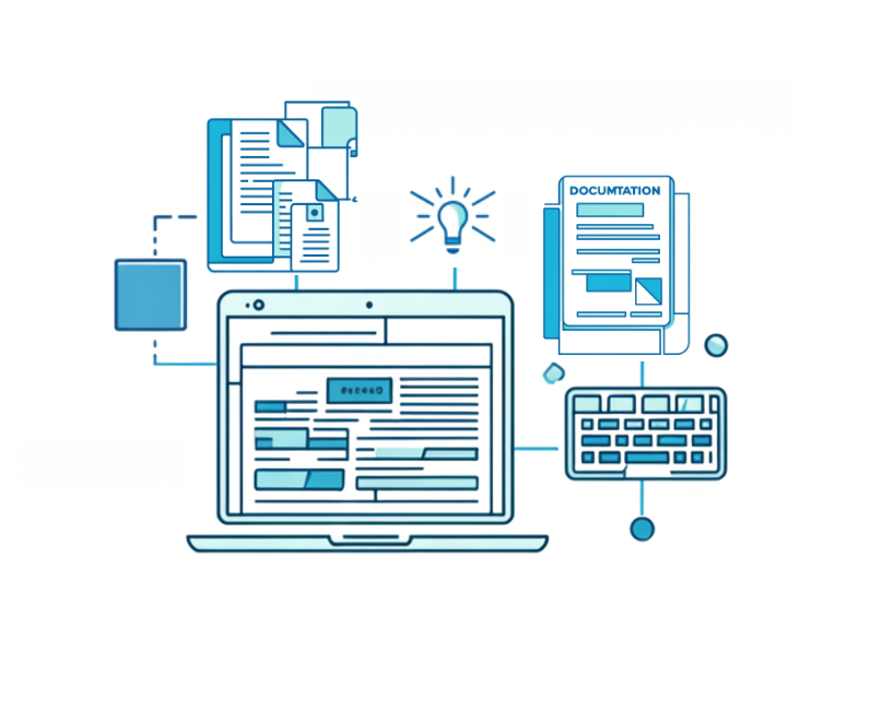 An illustration of a computer, keyboard, a lightbulb and various digital documents representing website and application copywriting and design services. All colored teal blue.