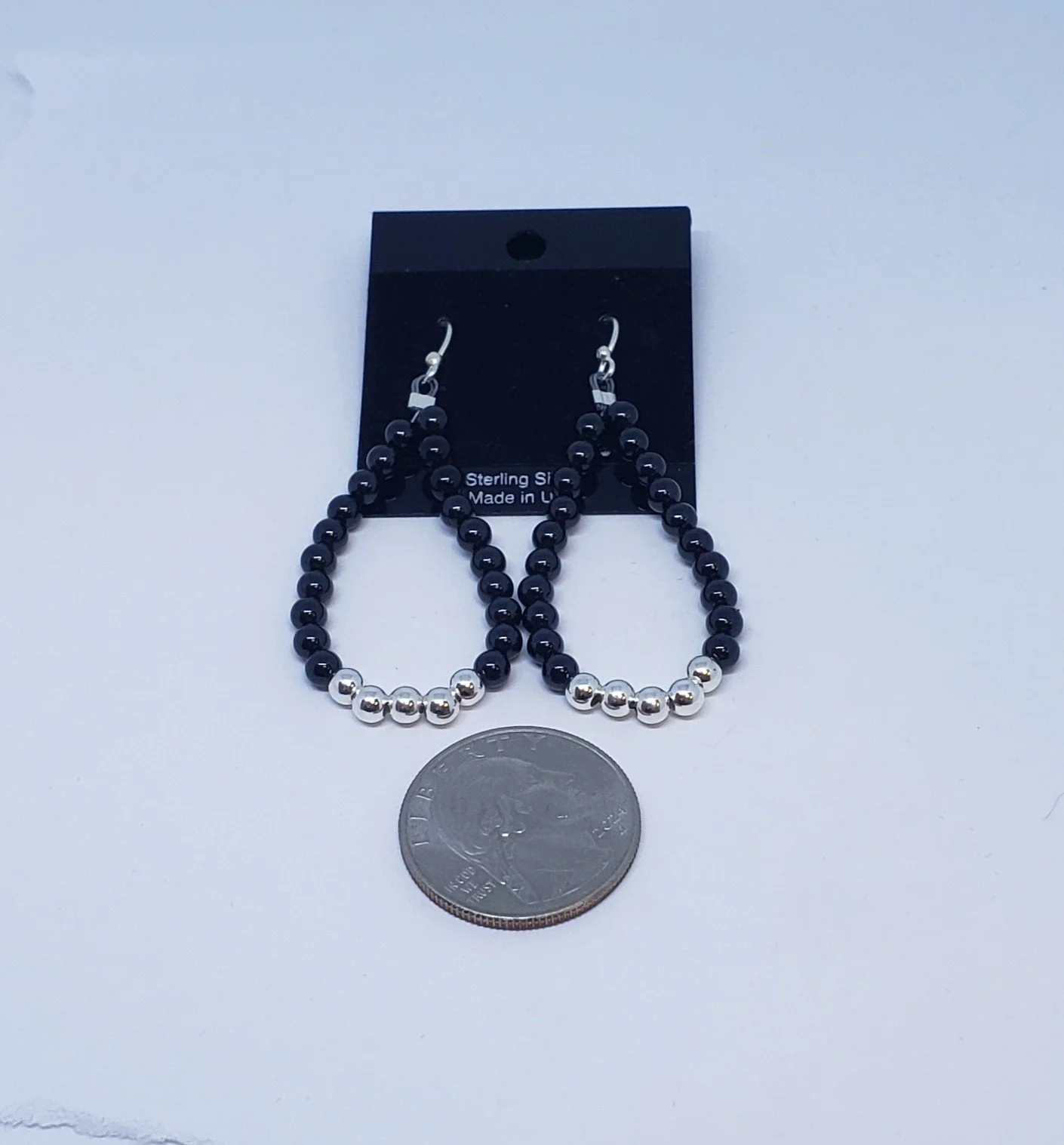 Black Onyx Earrings with Silver Beads