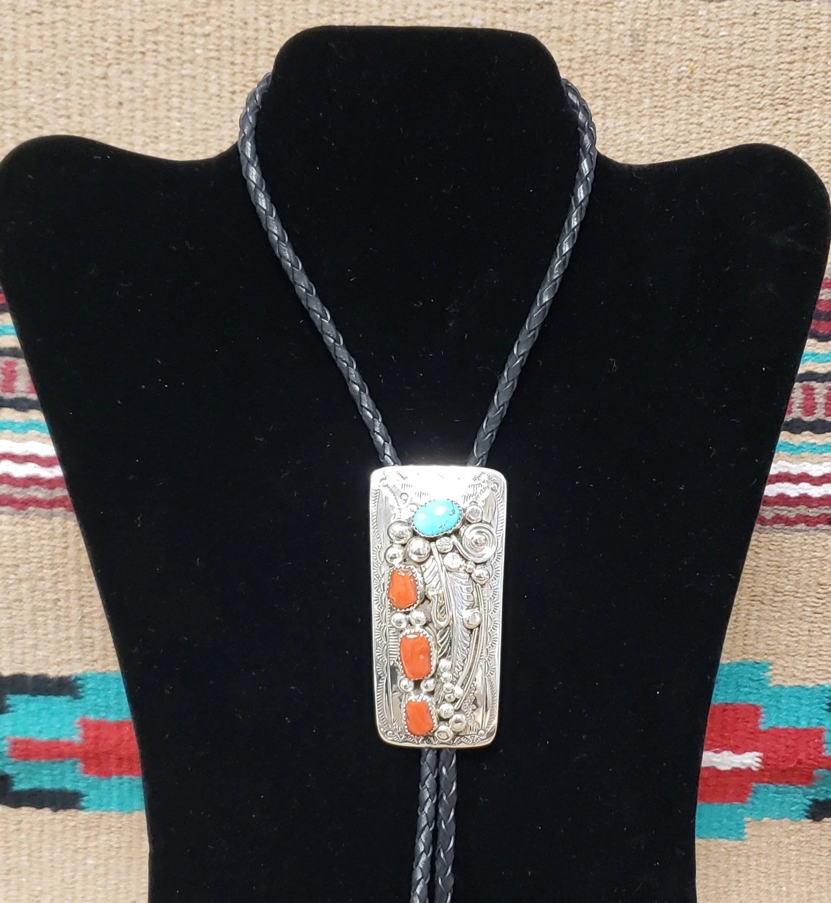Sterling Silver Bolo Tie with Turquoise and Coral