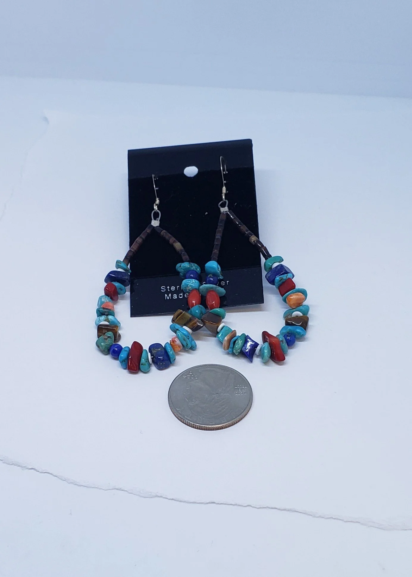 Turquoise Earrings with Coral, Shell, Lapis, Tiger's eye and Heishi Beads