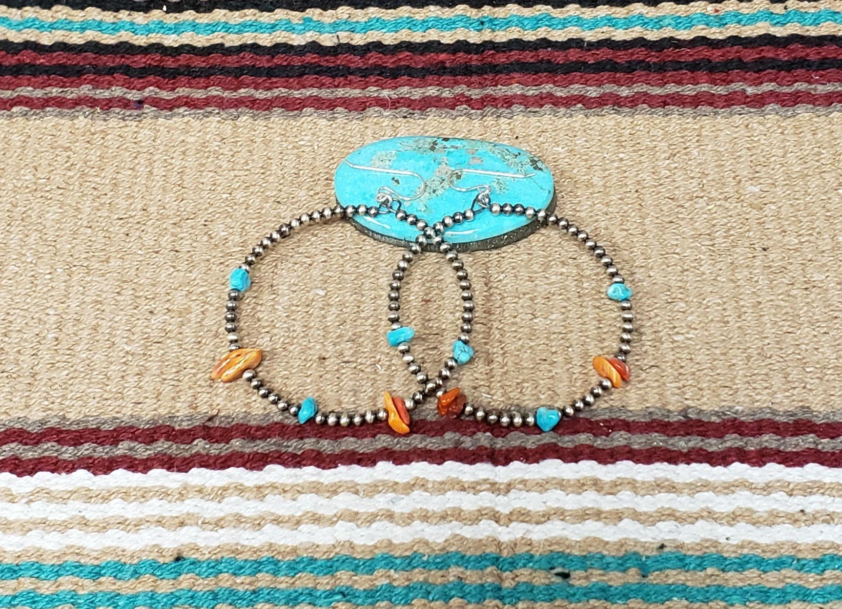 Sterling Silver Bead Hoop Earrings with Orange and Spiny Oyster and Turquoise