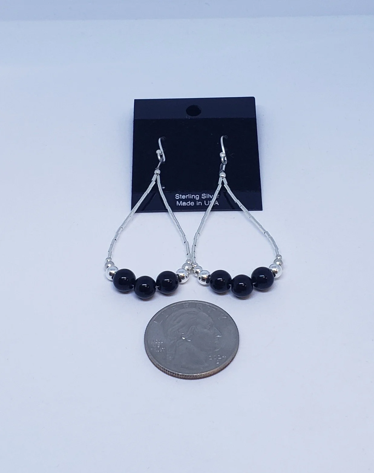 Black Onyx Earrings with Silver Beads