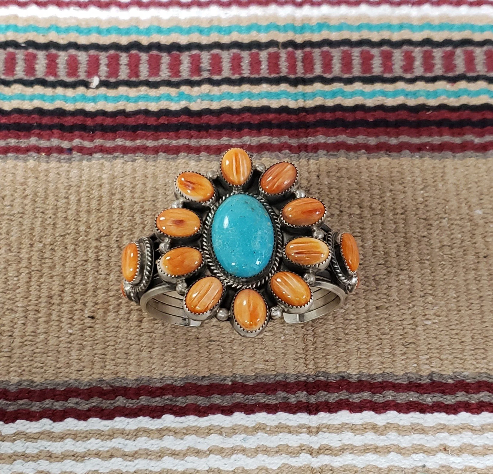 Orange Spiny Oyster and Turquoise Cuff with Sterling Silver