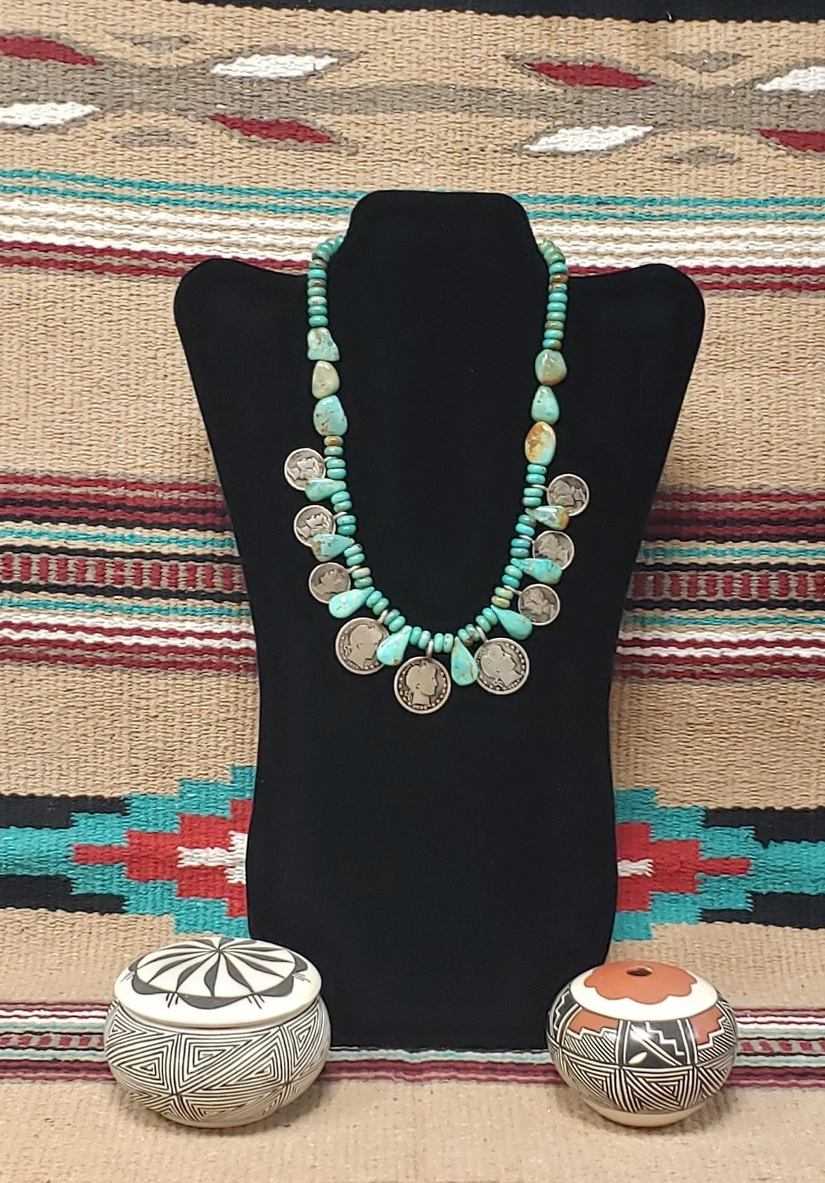 Vintage Turquoise Necklace with Quarters and Sterling Silver