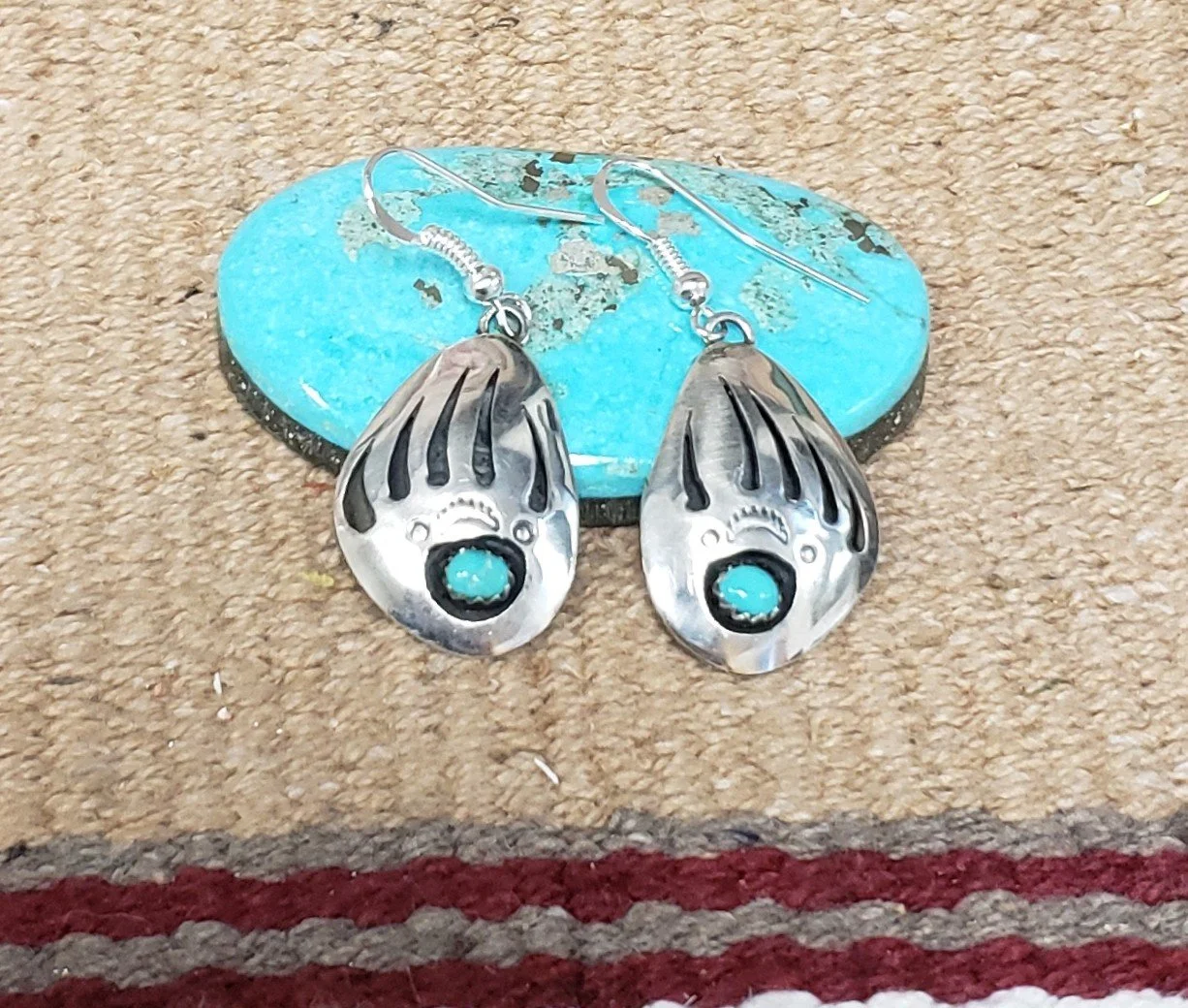 Sterling Silver Bear Paw Dangle Earrings with Turquoise