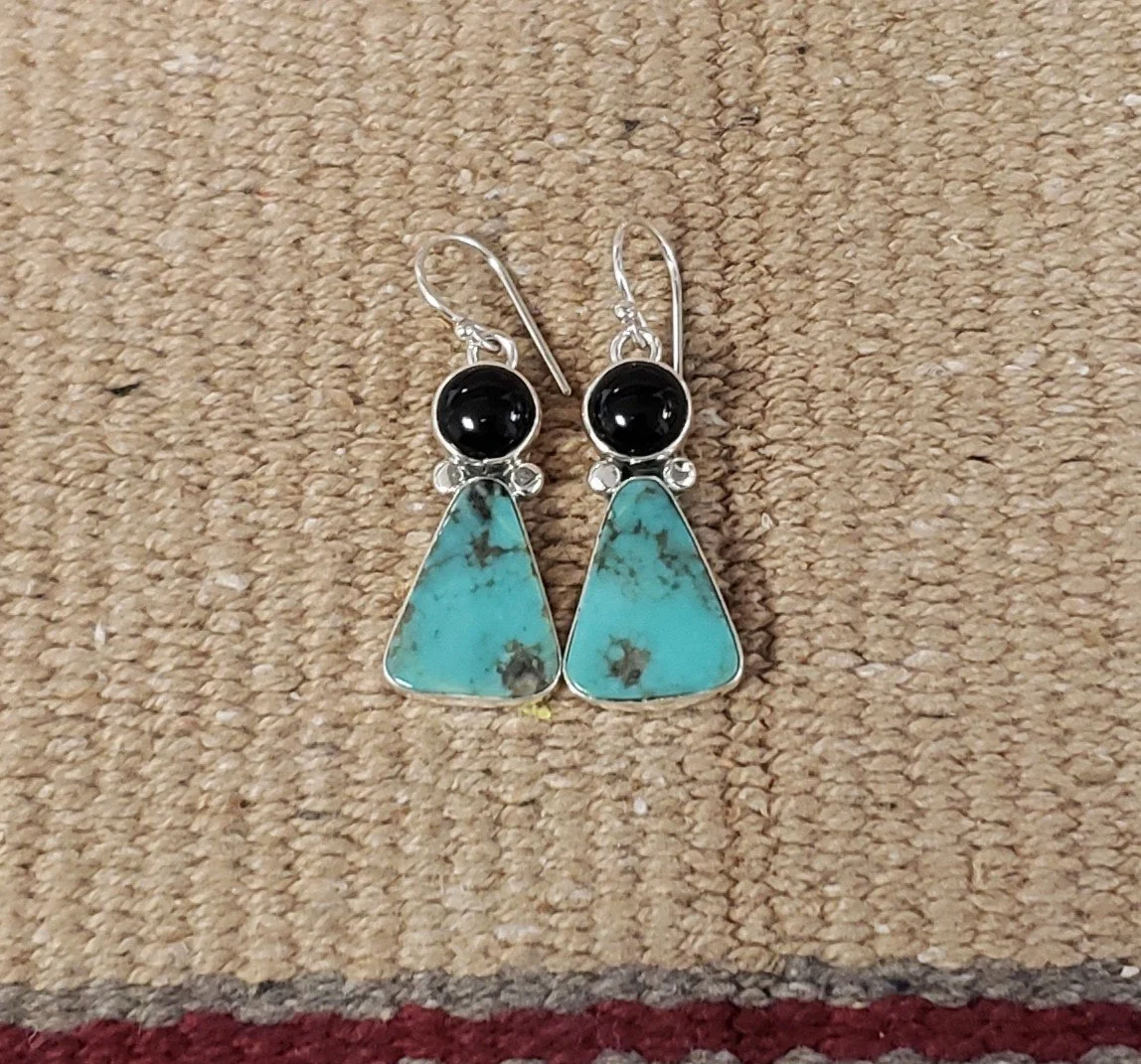 Turquoise Dangle Earrings with Black Onyx with Sterling Silver