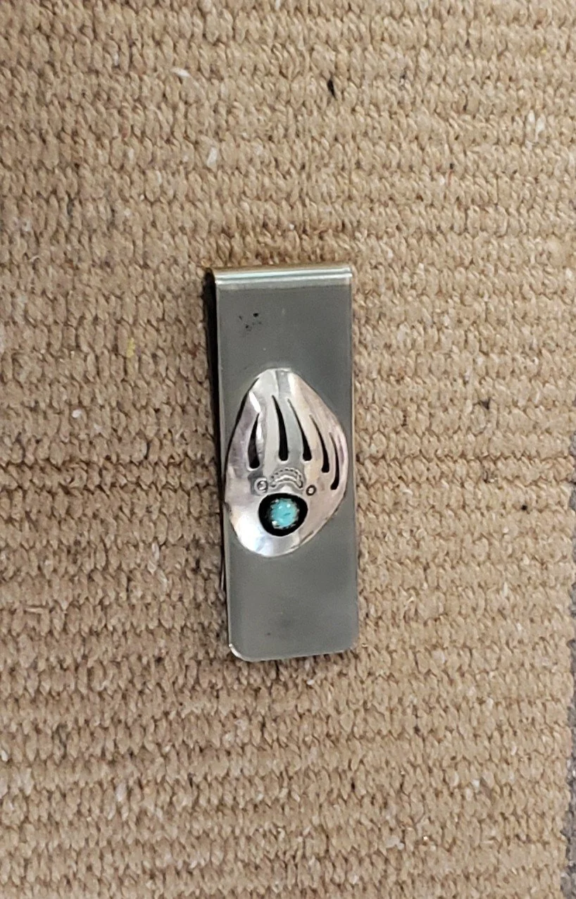 Sterling Silver Bear Paw Money Clip with Turquoise