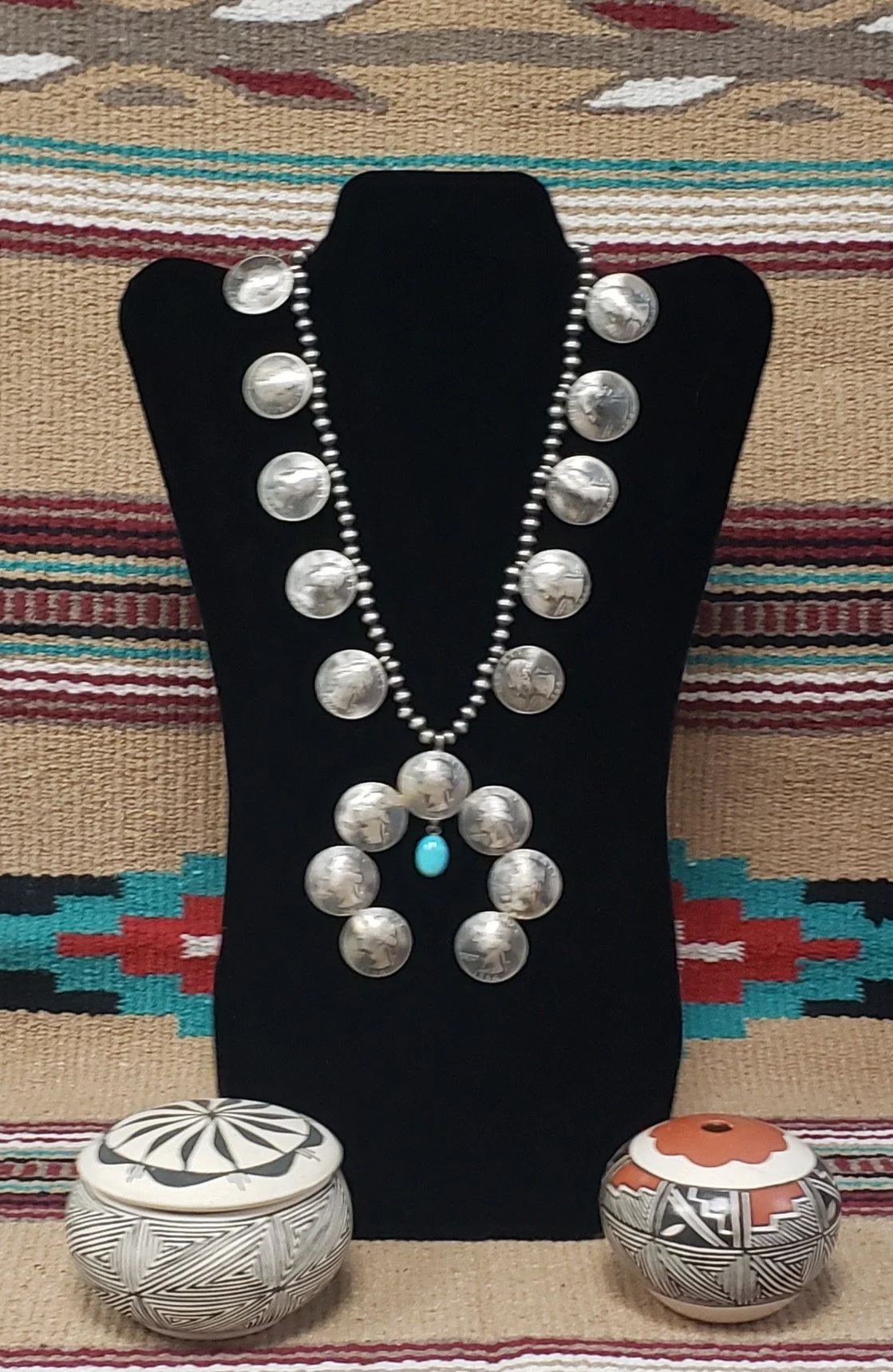 Sterling Silver Bead Necklace with Quarters and Turquoise