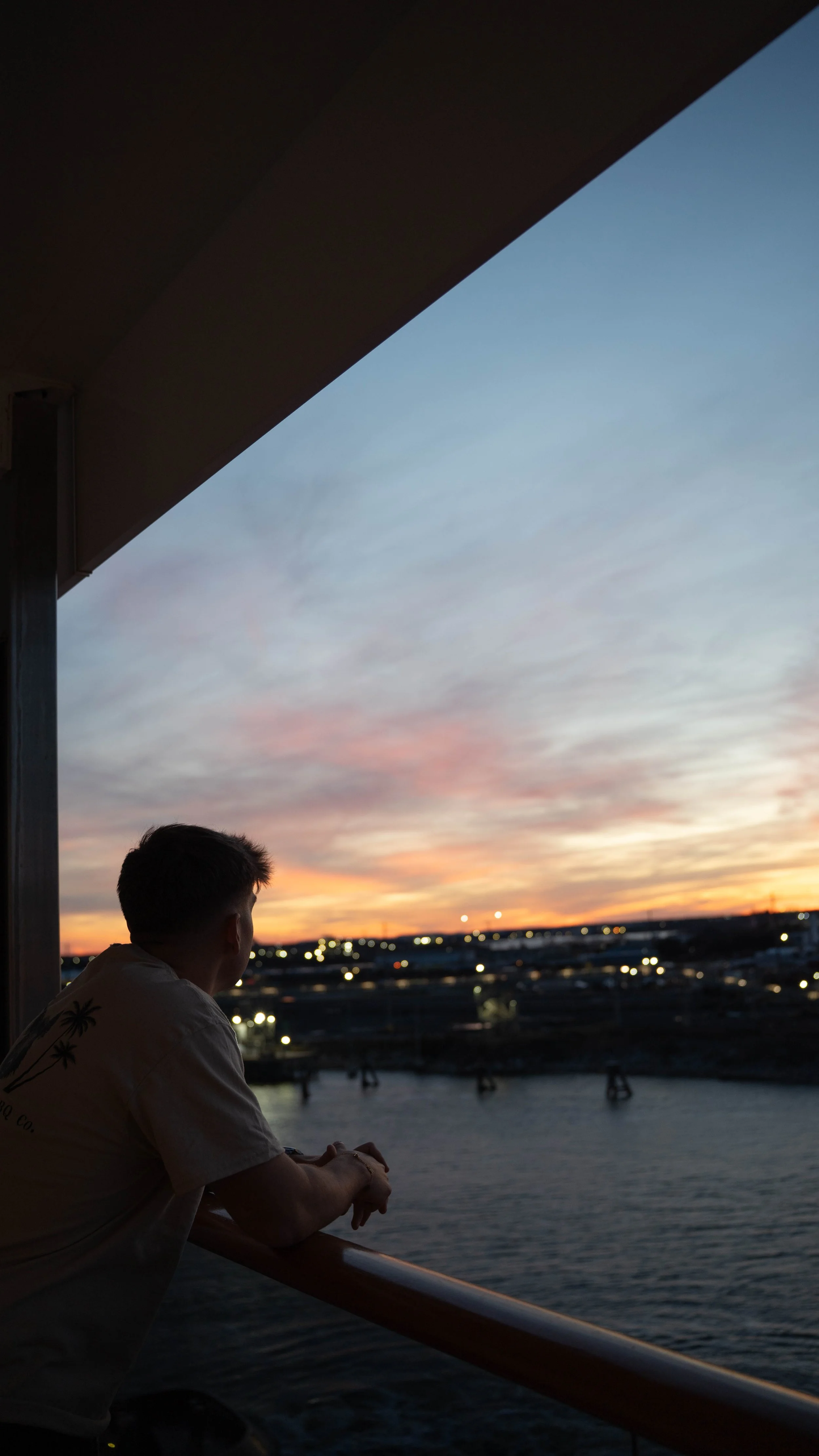 A person leaning on a railing on a boat or dock, gazing at a colorful sunset over the water and distant city lights.