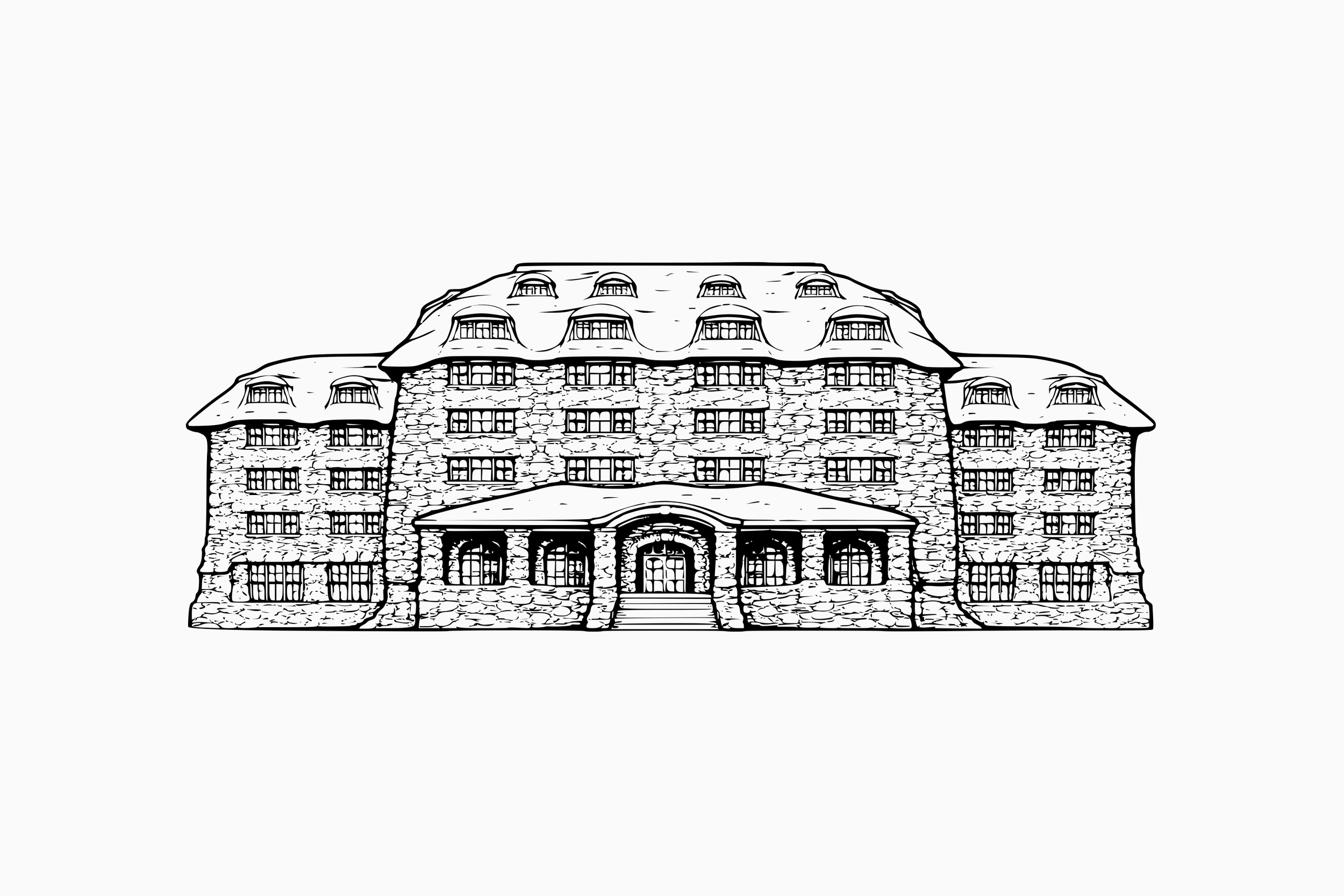 Line drawing of a multi-story stone building with arched entrance and dormer windows on the roof.