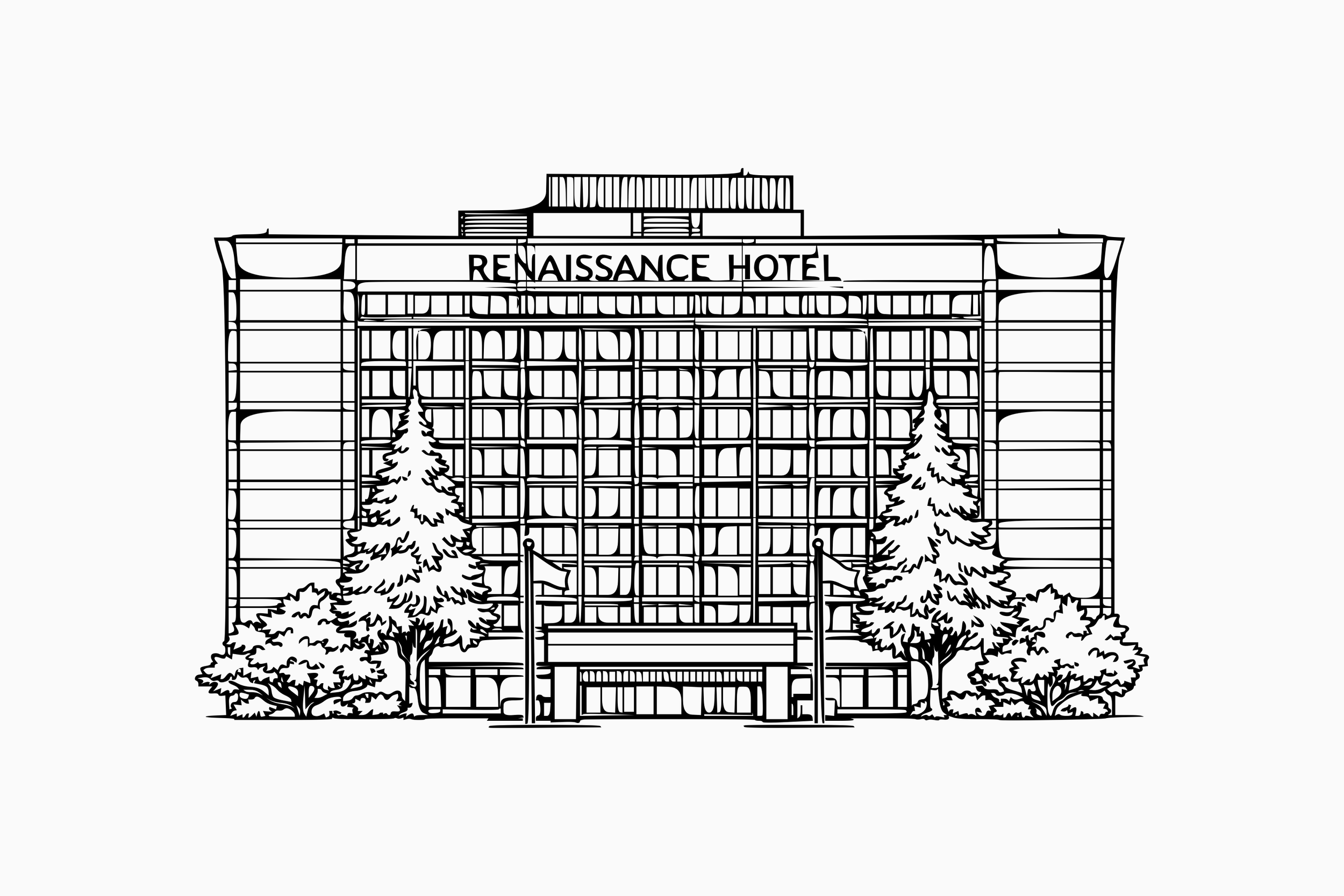 Line drawing of the Renaissance Hotel building with trees in front.