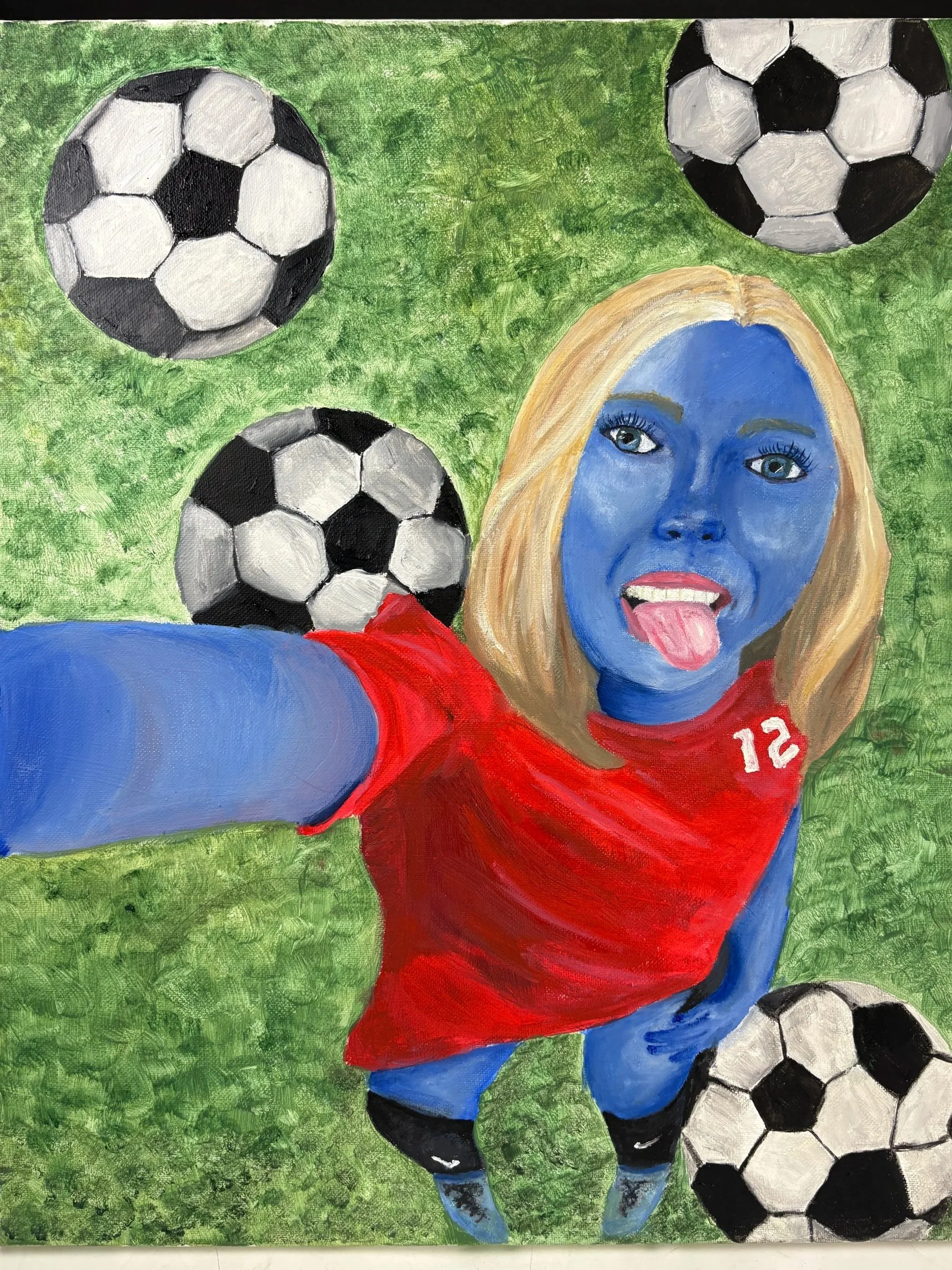 A colorful painting of a woman with blue skin, blonde hair, and wearing a red sports jersey with the number 12, taking a selfie on a soccer field surrounded by soccer balls on green grass.