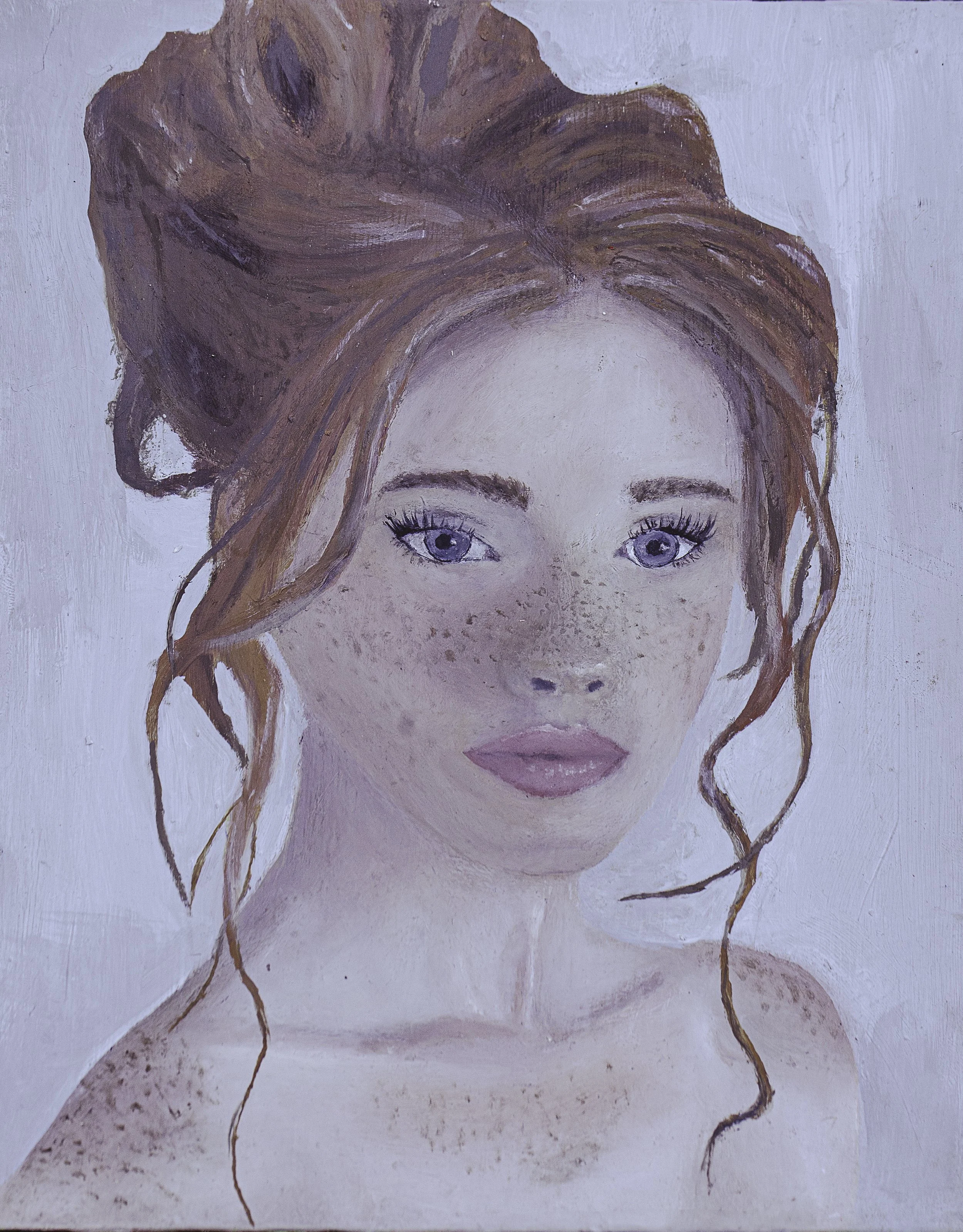 Painting of a young woman with red hair styled in loose waves, blue eyes, freckles, and pink lips, against a light background.