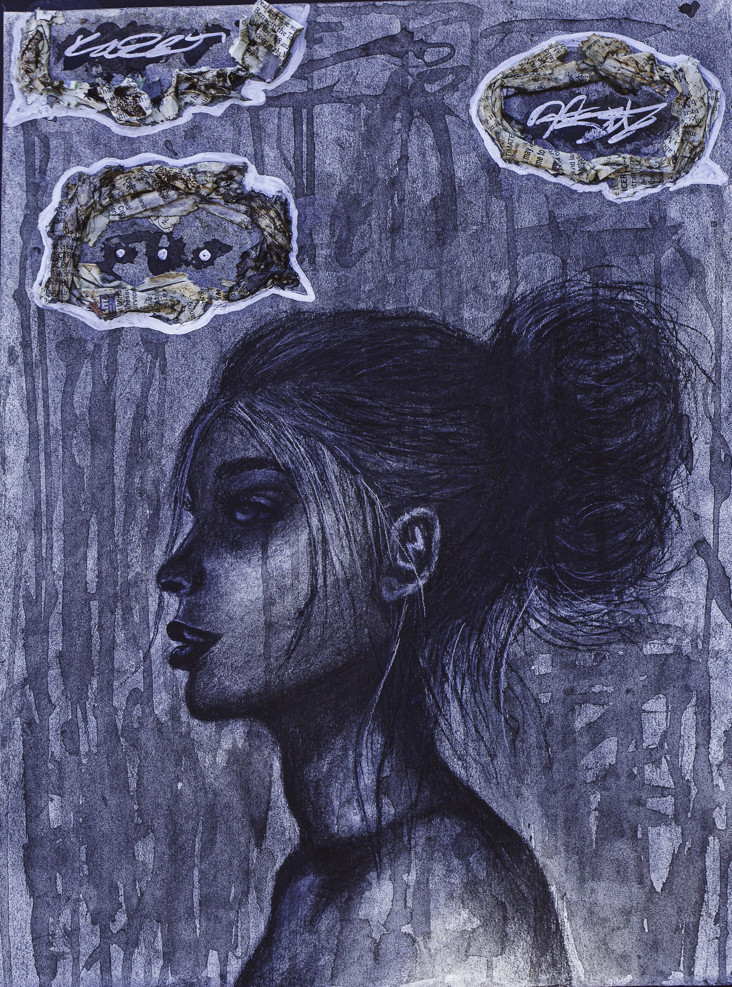 An artistic drawing of a woman with dark hair styled in a messy bun, facing left. The background is abstract with different shades of gray and black. There are three speech bubbles with torn paper edges above her head, containing illegible scribbles