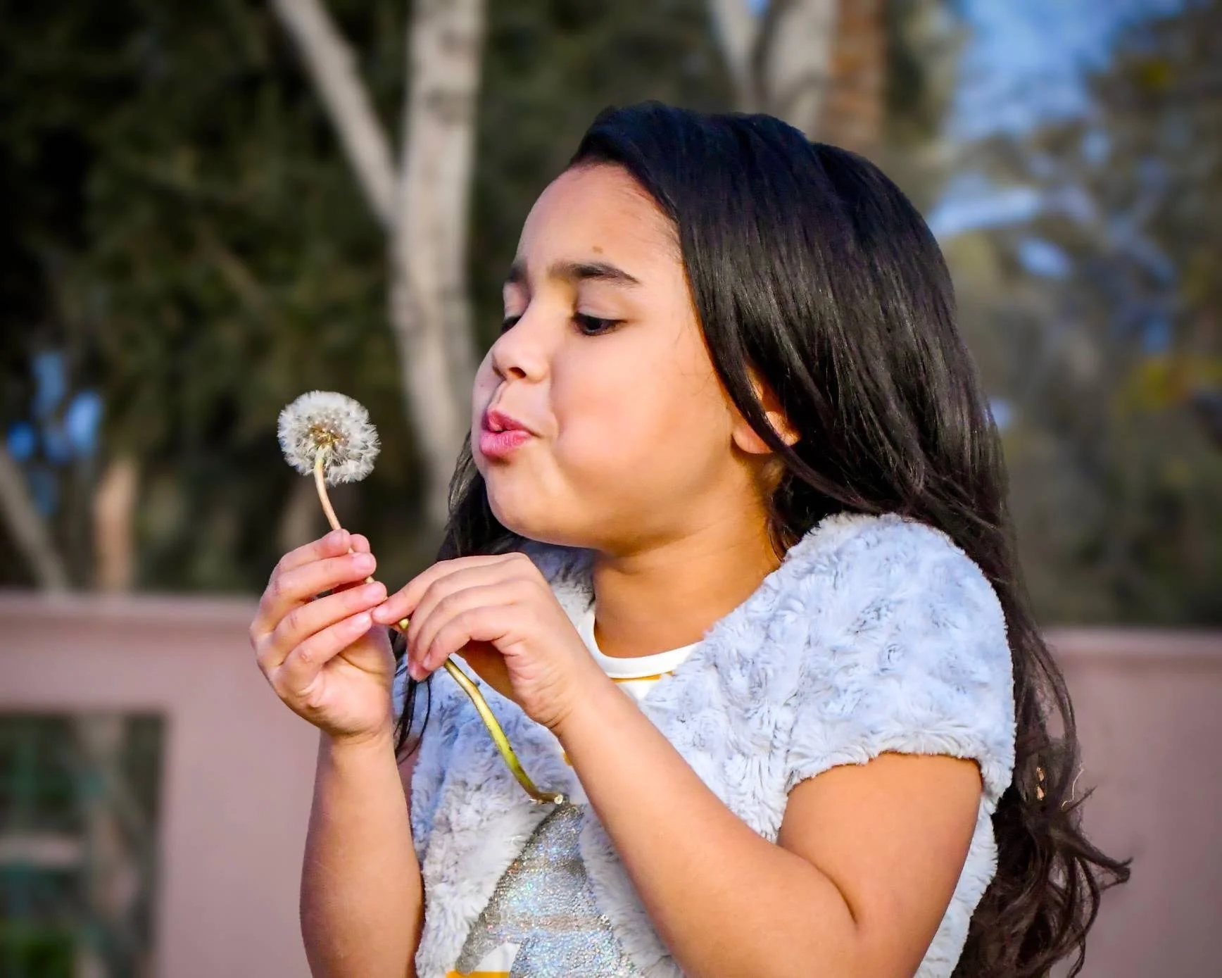 A young girl with long black hair holding a dandelion and blowing on it outdoors in a park during daytime.